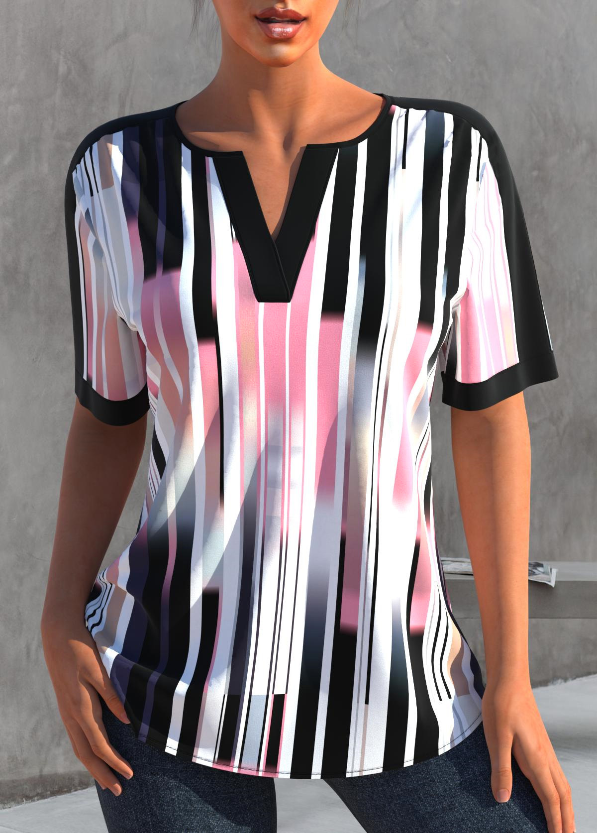 ROTITA Striped Split Neck Color Block T Shirt