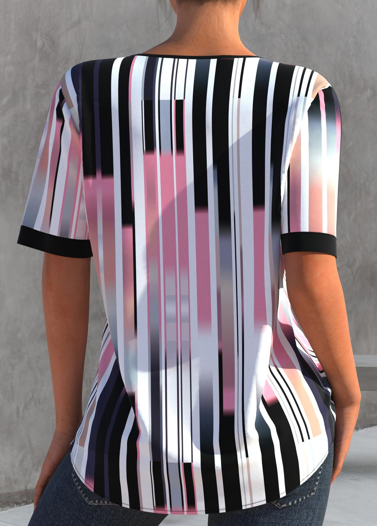 Multi Color tops,Striped tops,ROTITA Striped Split Neck Color Block T Shirt