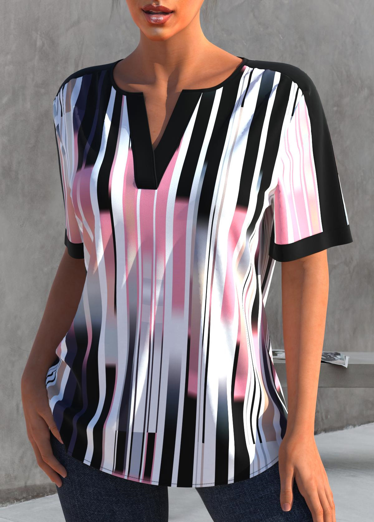 Multi Color tops,Striped tops,ROTITA Striped Split Neck Color Block T Shirt