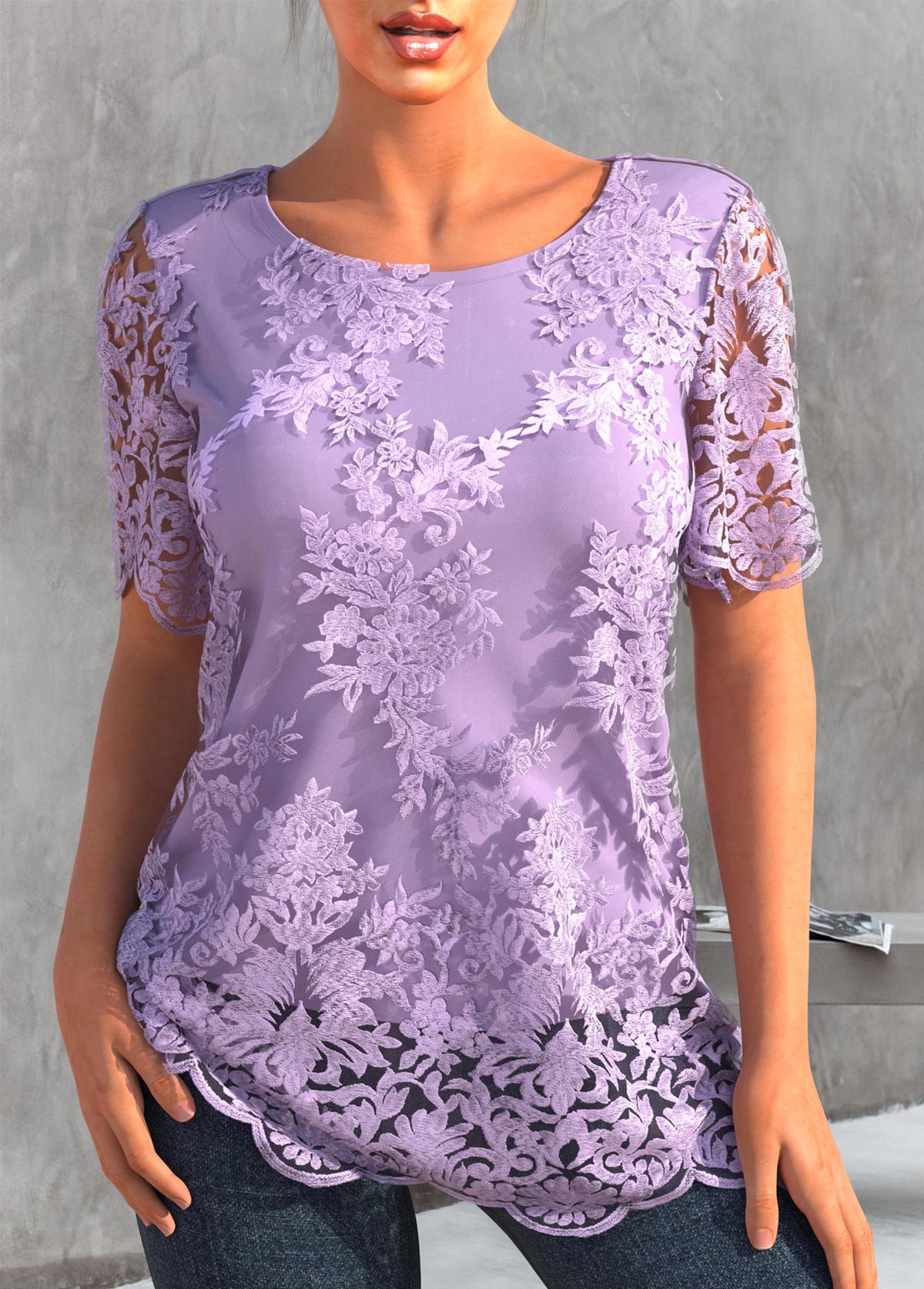 ROTITA Embroidered Lace Light Purple 3/4 Sleeve T Shirt
