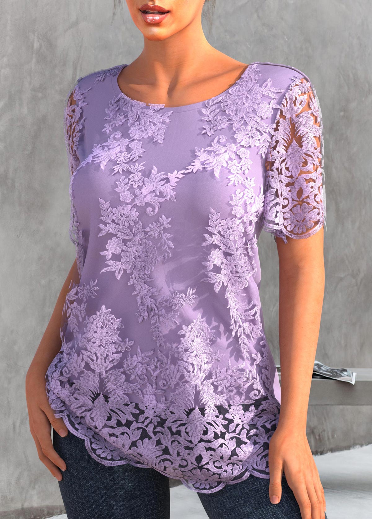 Light Purple plus size,Plain Color plus size,ROTITA Plus Size Embroidered Light Purple T Shirt