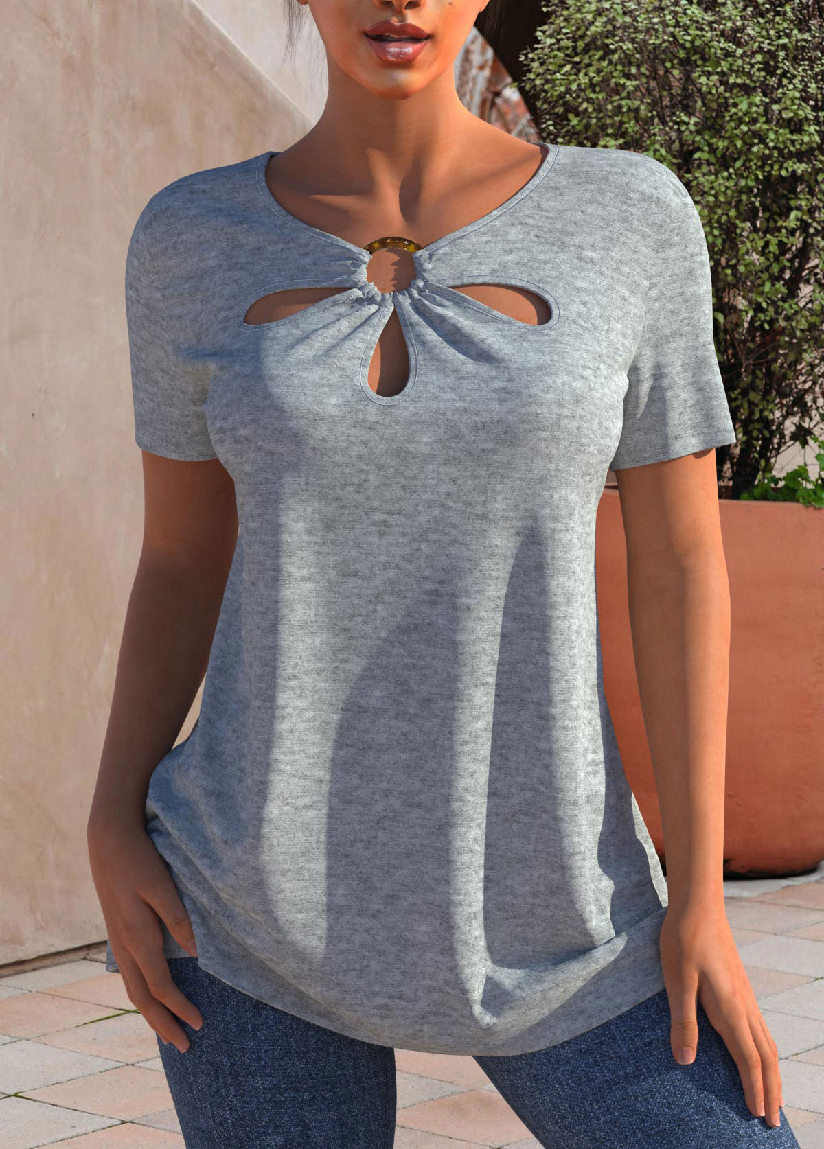 ROTITA Grey Marl Cutout Neck Short Sleeve T Shirt