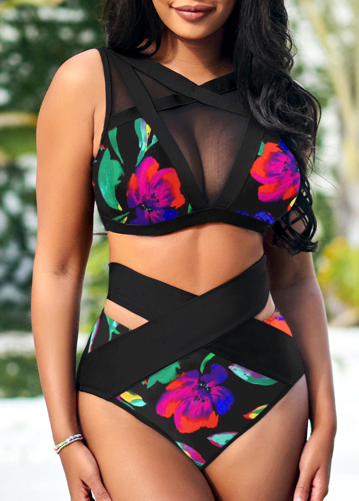 Multi Color swimwear,Floral swimwear,ROTITA Floral Print Mesh Stitching High Waisted Bikini Set