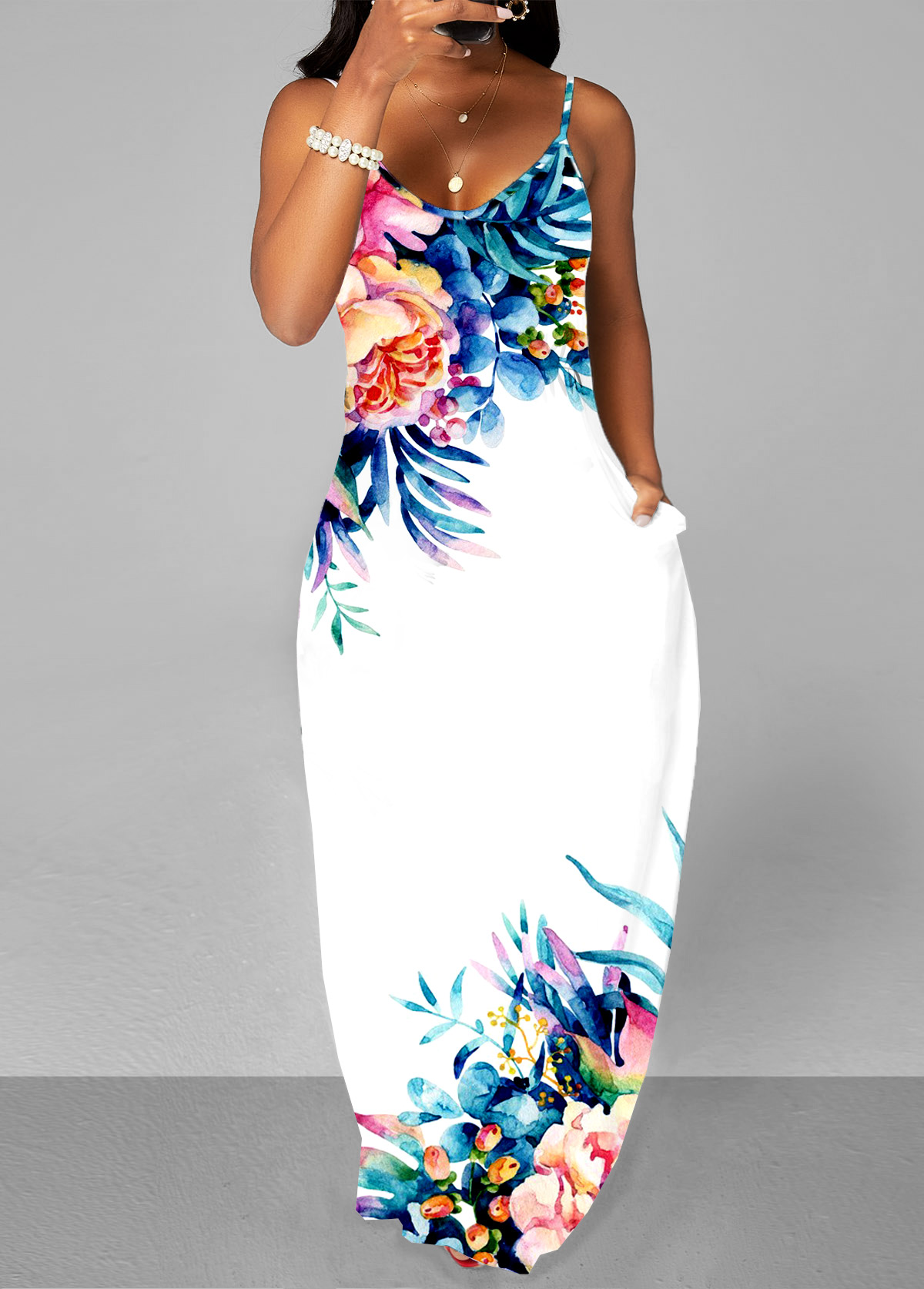 White dresses,Floral dresses,ROTITA Floral Print White Spaghetti Strap Dress