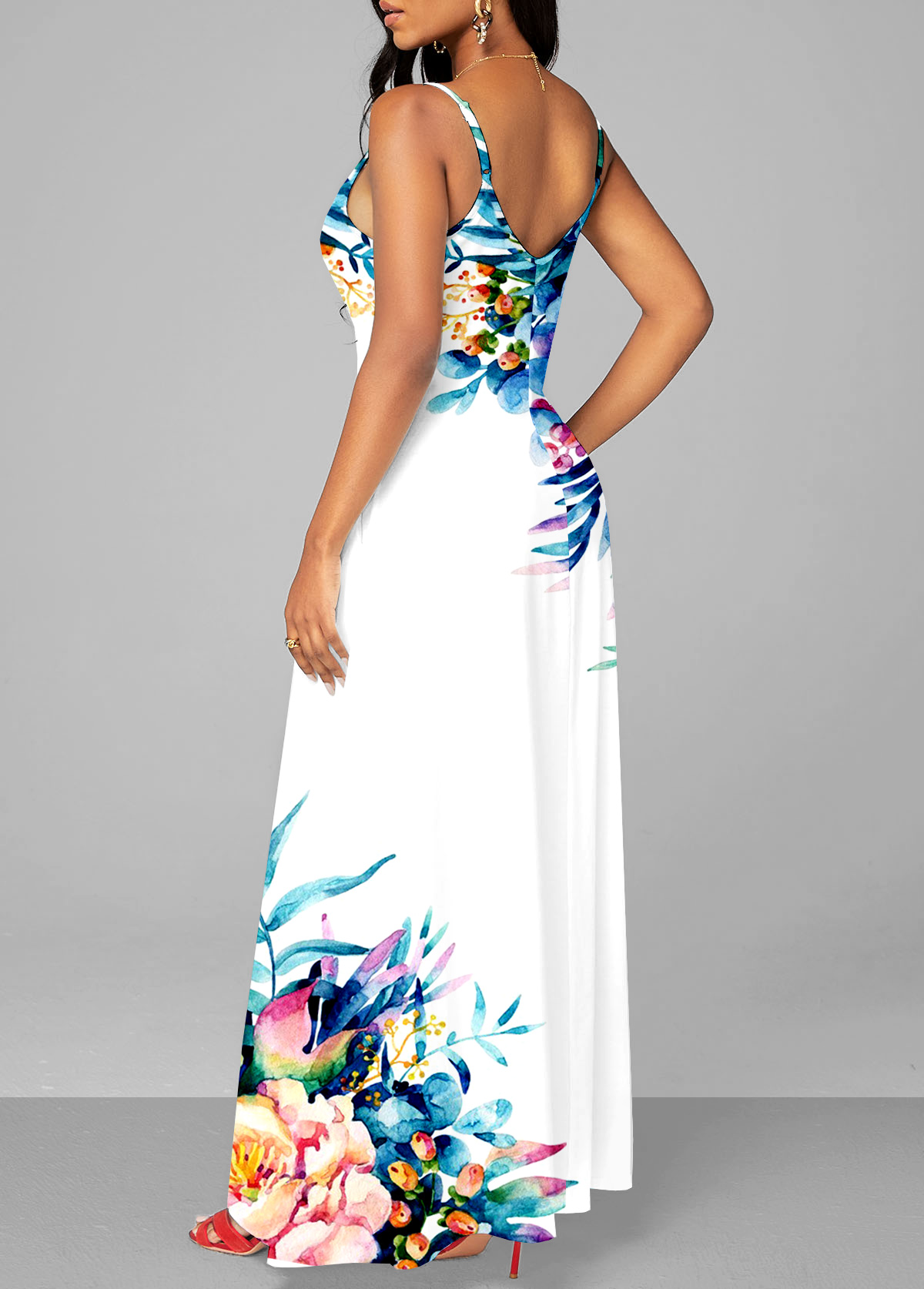 White dresses,Floral dresses,ROTITA Floral Print White Spaghetti Strap Dress