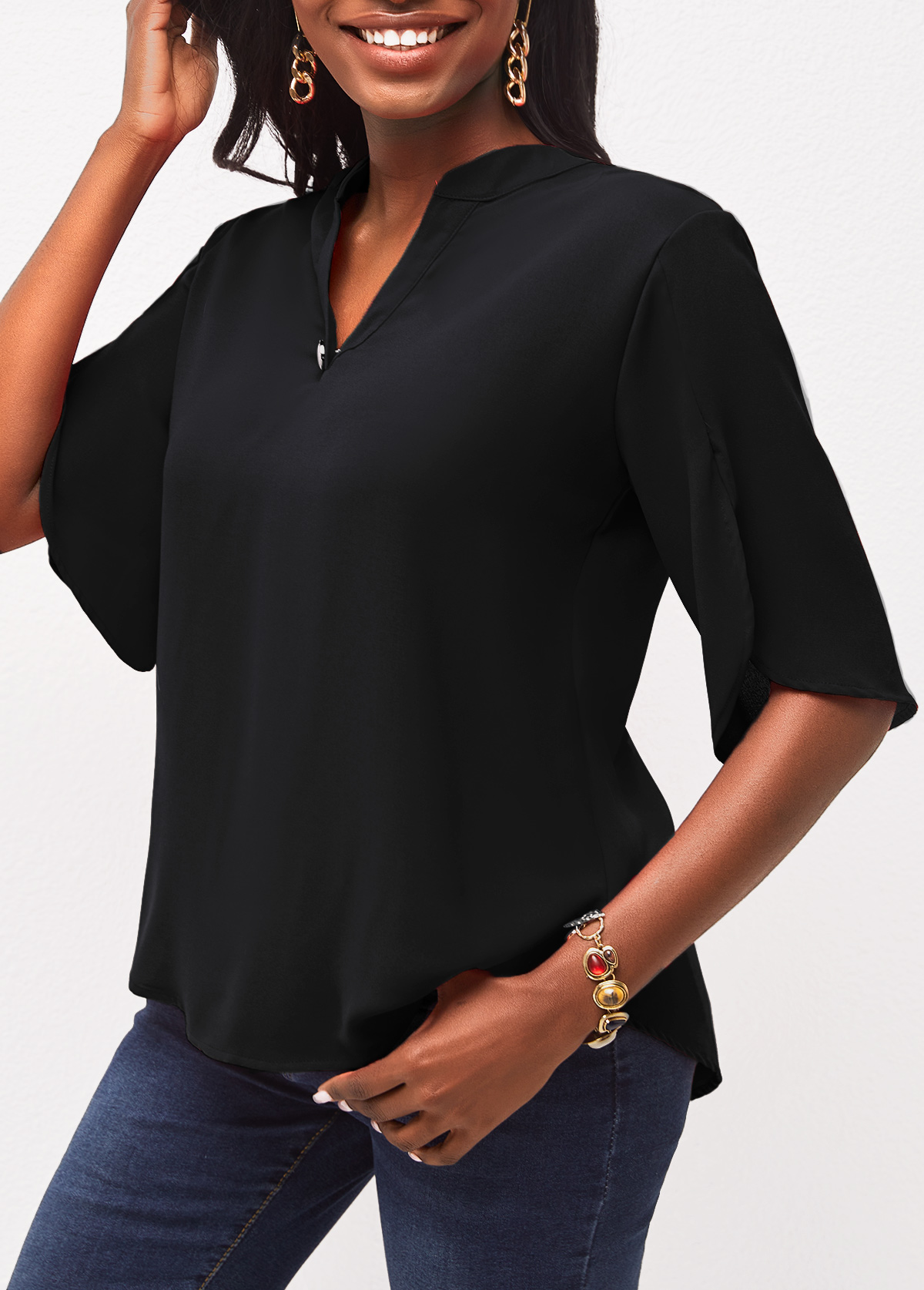 Black tops,Plain Color tops,Black Half Sleeve Split Neck Blouse