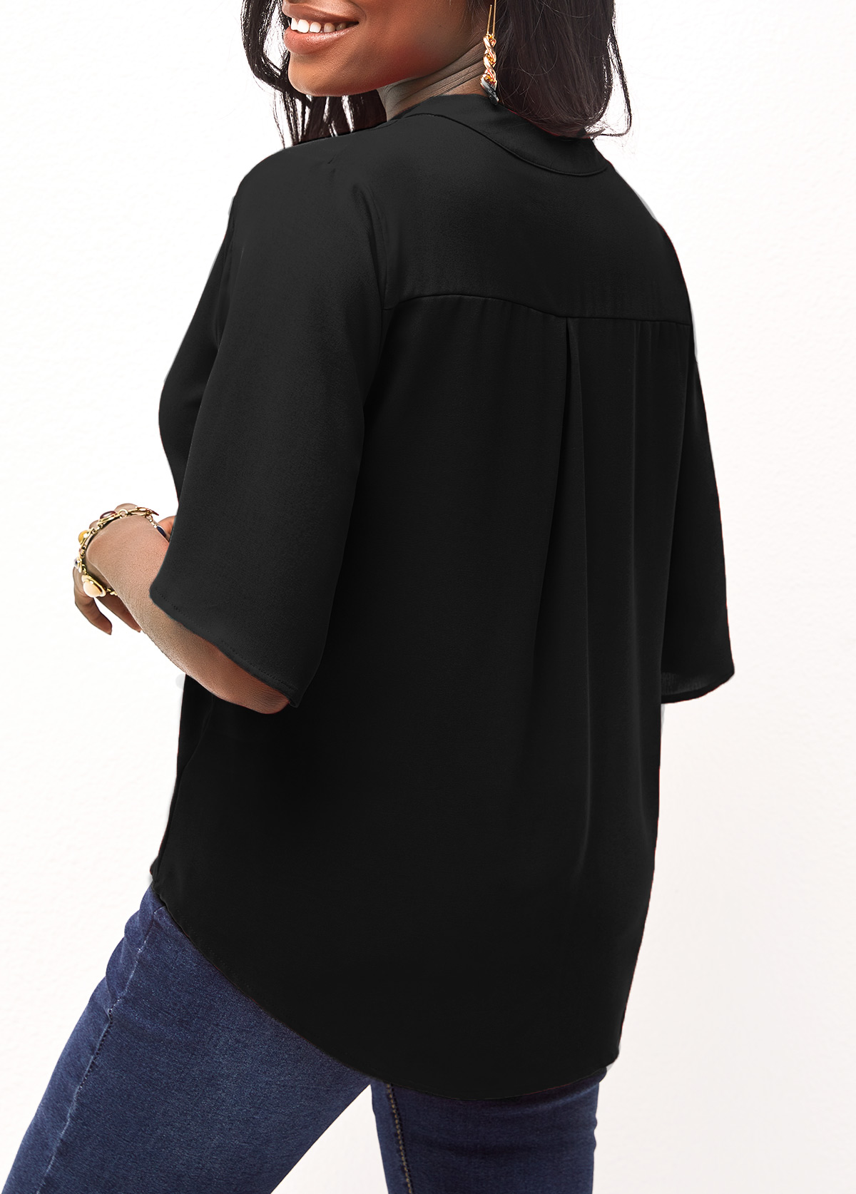 Black tops,Plain Color tops,Black Half Sleeve Split Neck Blouse