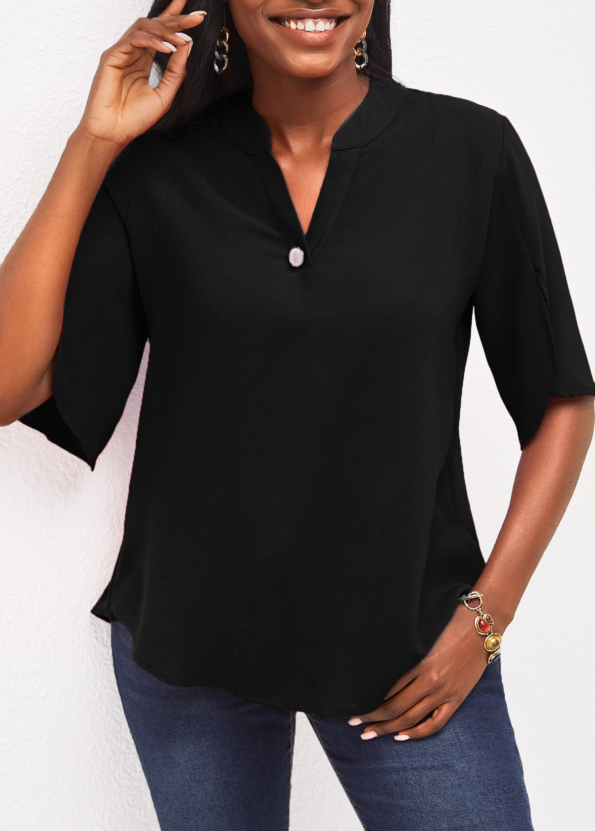 Black tops,Plain Color tops,Black Half Sleeve Split Neck Blouse