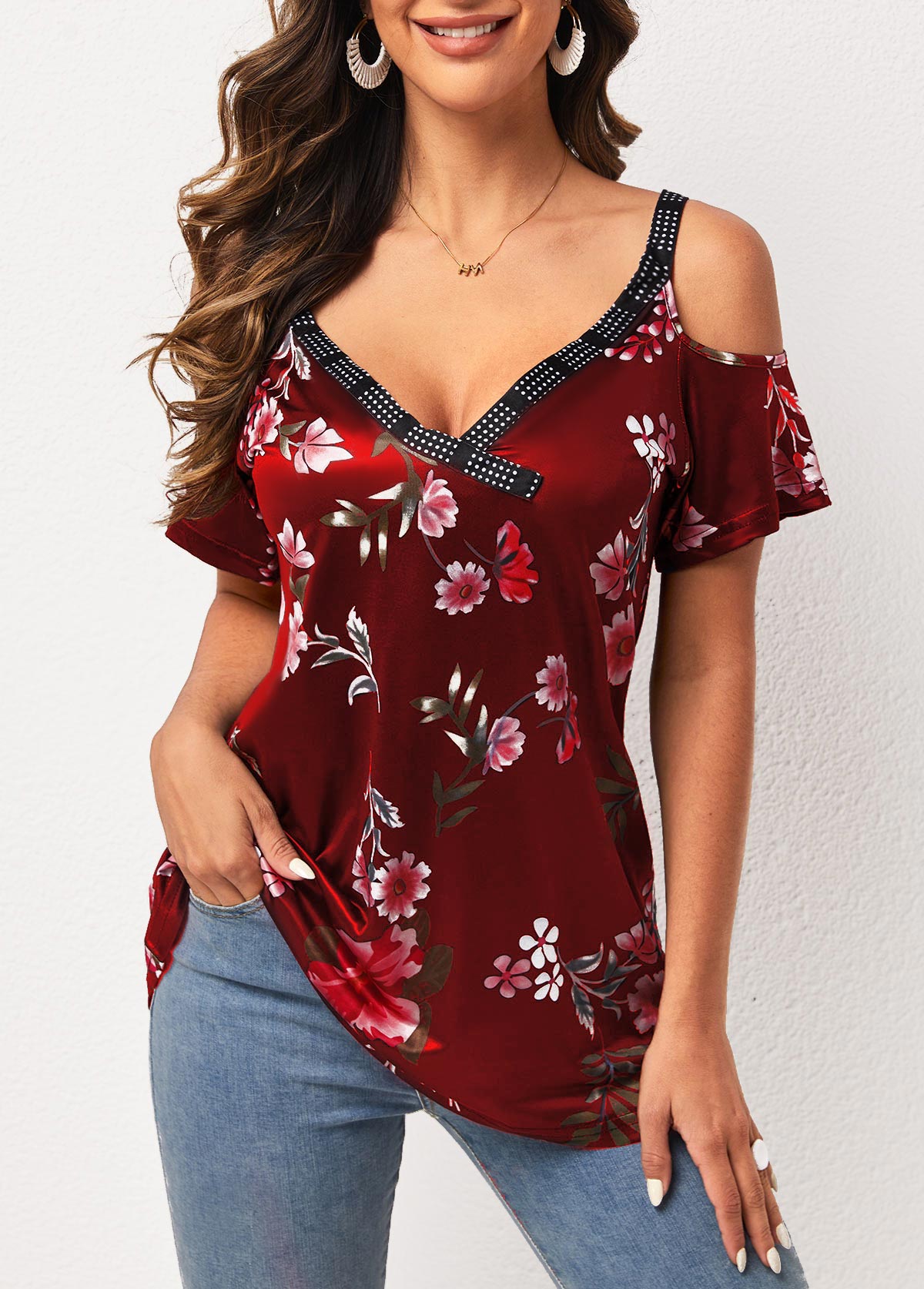 Wine Red tops,Floral tops,Strappy Cold Shoulder Wine Red Floral Print T Shirt