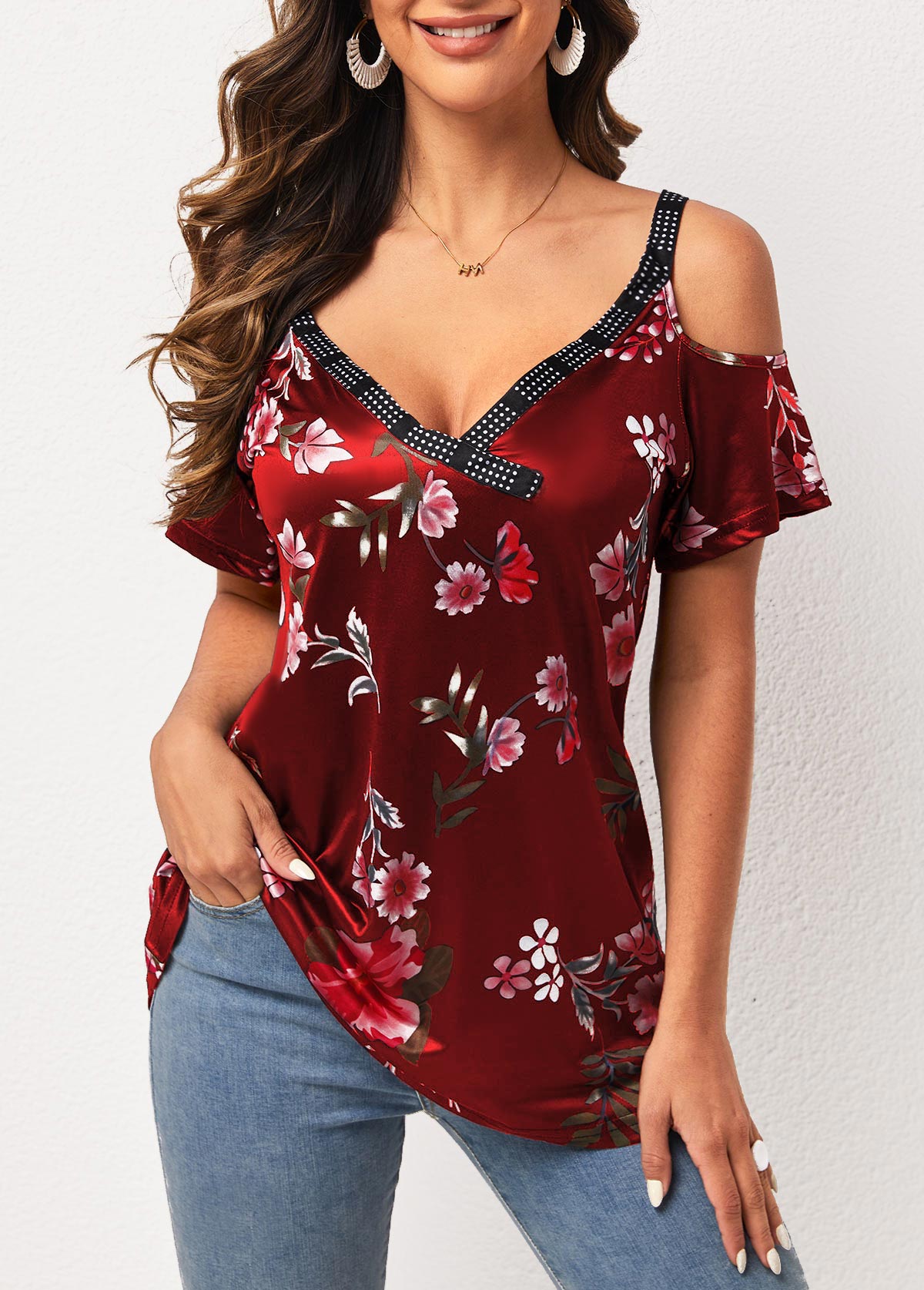 Wine Red tops,Floral tops,Strappy Cold Shoulder Wine Red Floral Print T Shirt