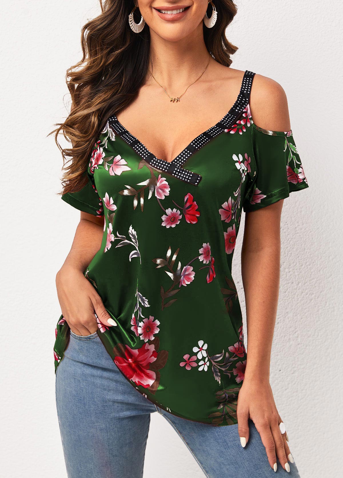 Strappy Cold Shoulder Army Green Floral Print T Shirt