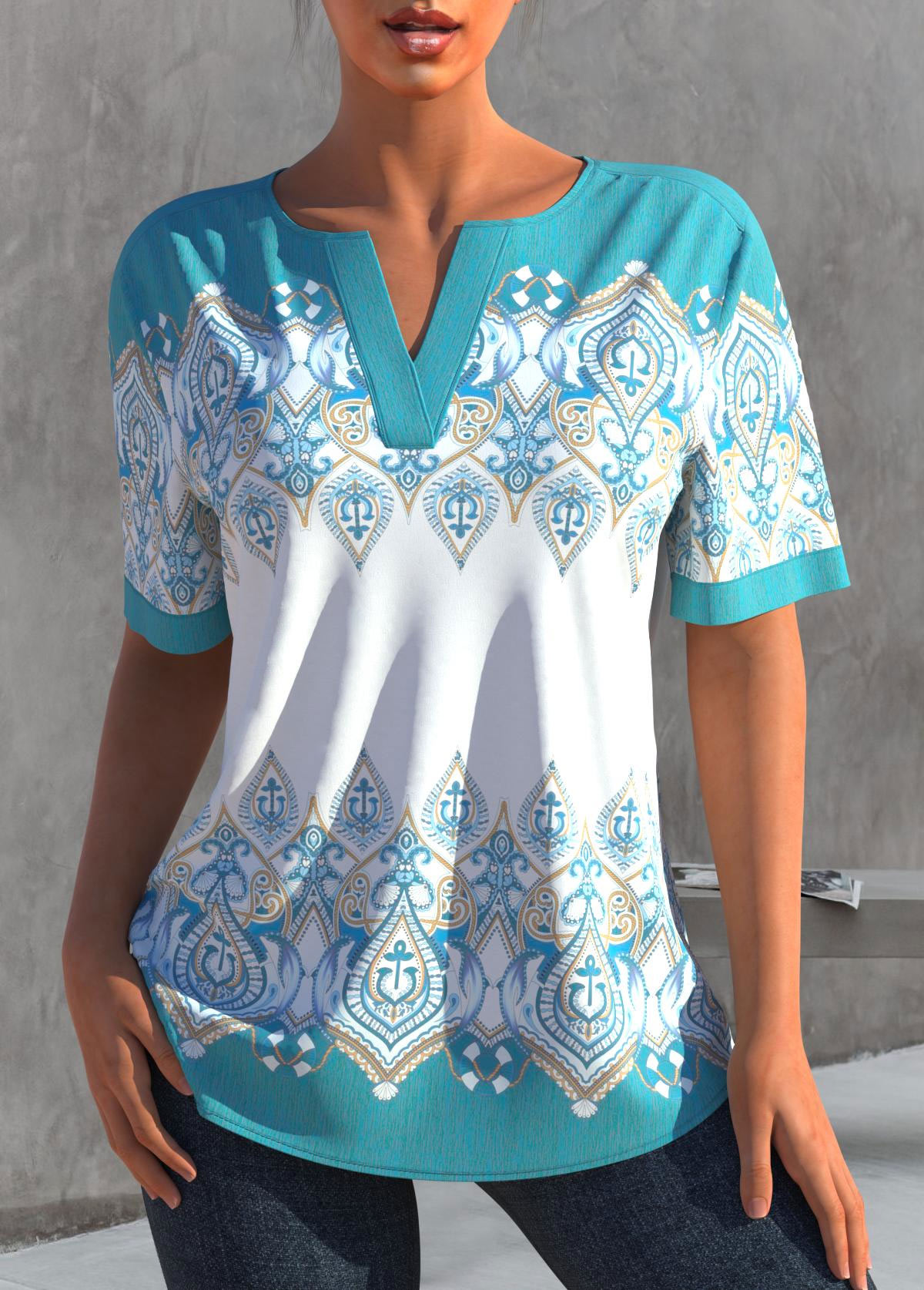 Cyan tops,Tribal tops,ROTITA Spaghetti Strap Cyan Tribal Print Blouse