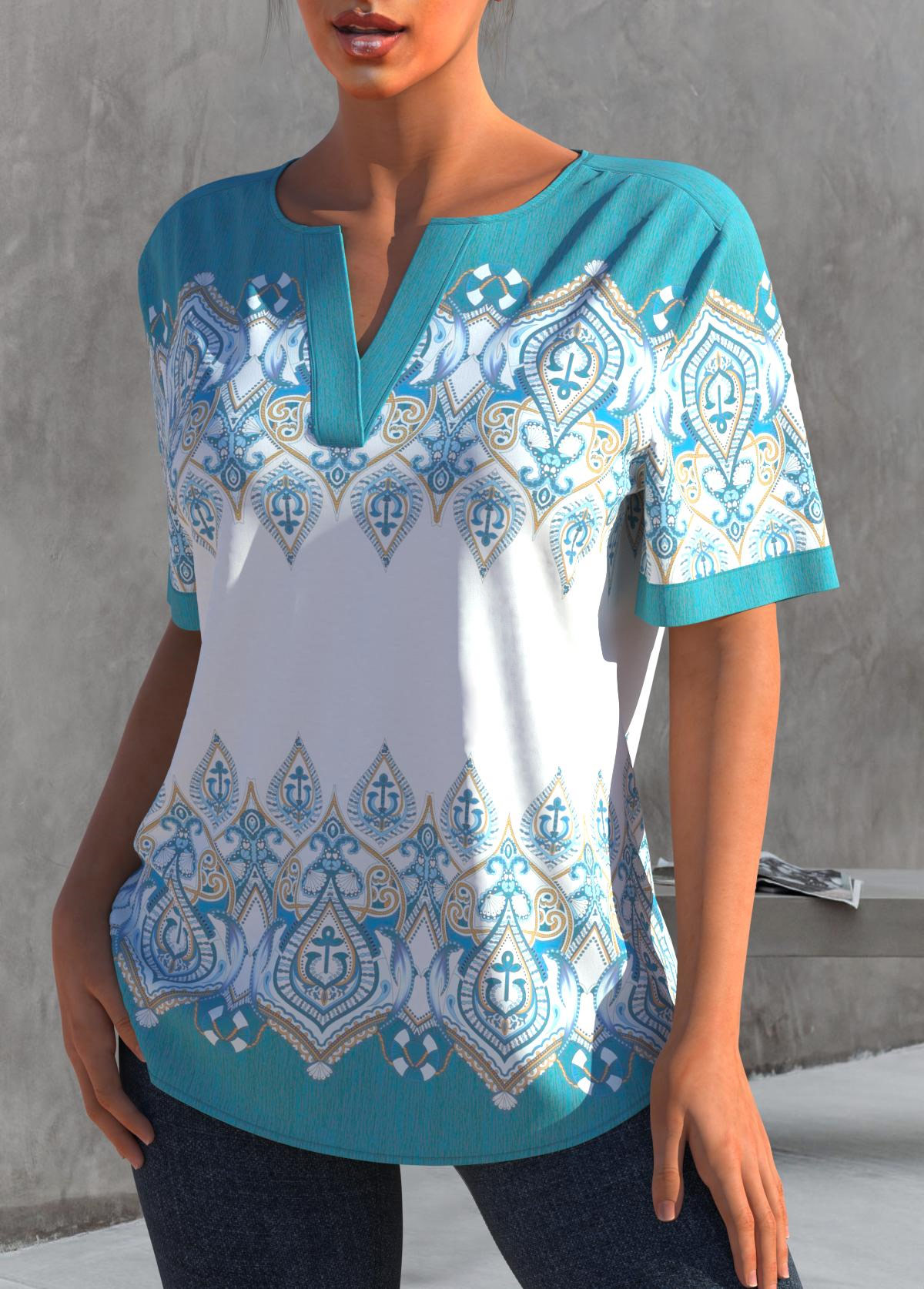 Cyan tops,Tribal tops,ROTITA Spaghetti Strap Cyan Tribal Print Blouse