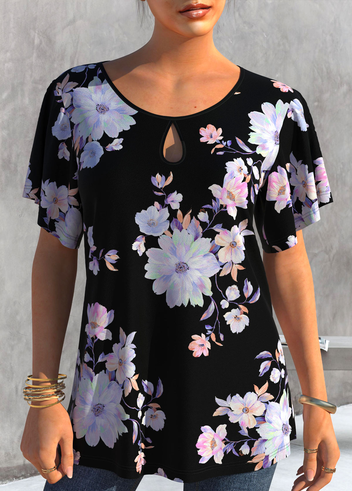 ROTITA Floral Print Black Short Sleeve T Shirt