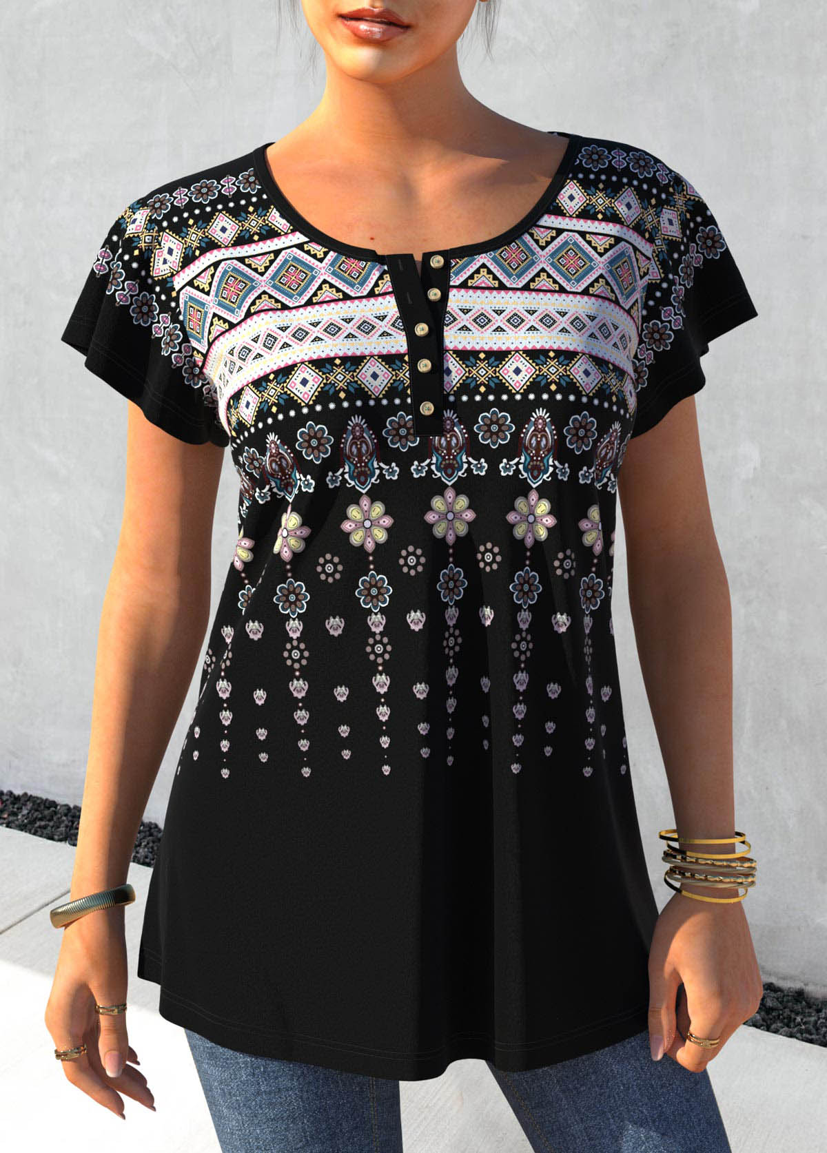 ROTITA Tribal Print Round Neck Short Sleeve Black T Shirt