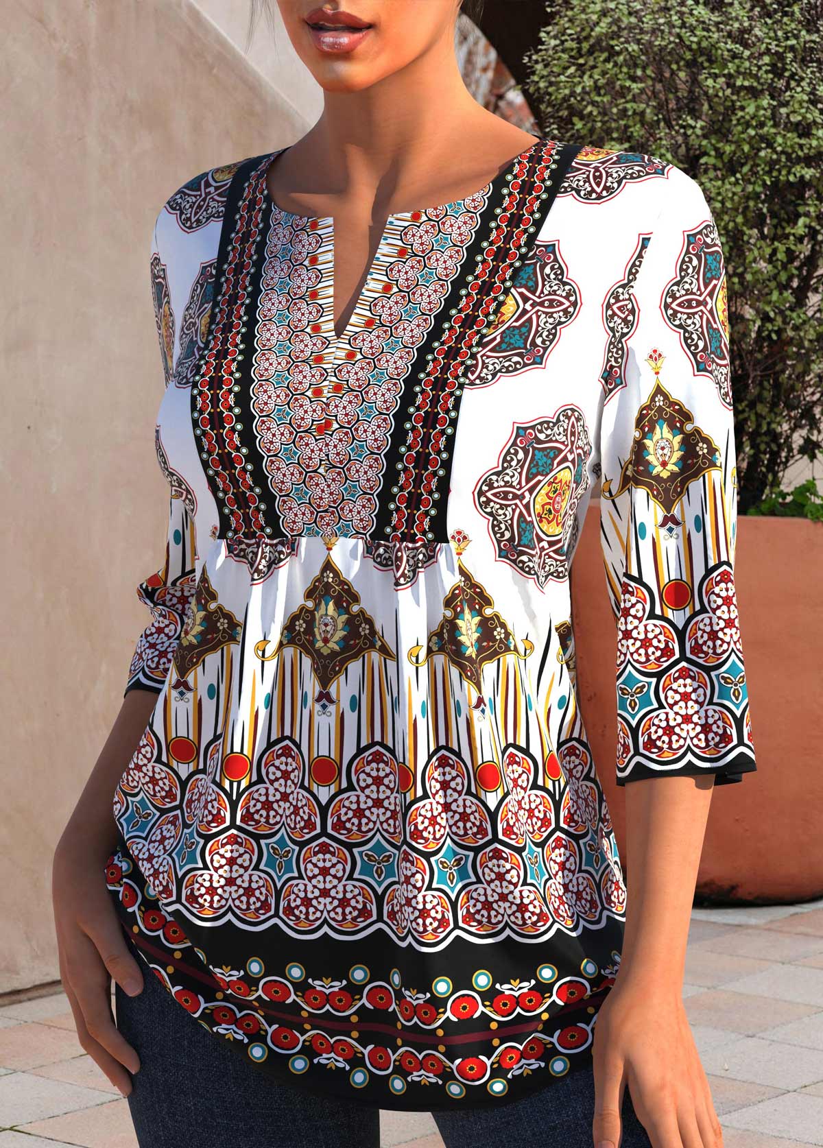Multi Color tops,Tribal tops,ROTITA Tribal Print Split Neck Multi Color Blouse