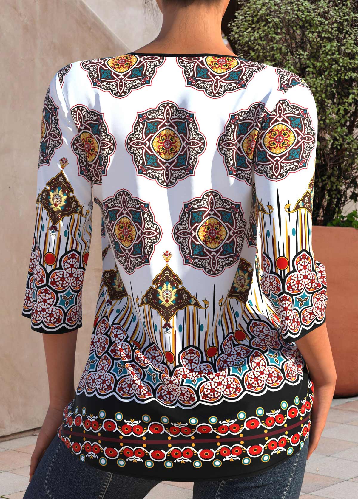 Multi Color tops,Tribal tops,ROTITA Tribal Print Split Neck Multi Color Blouse