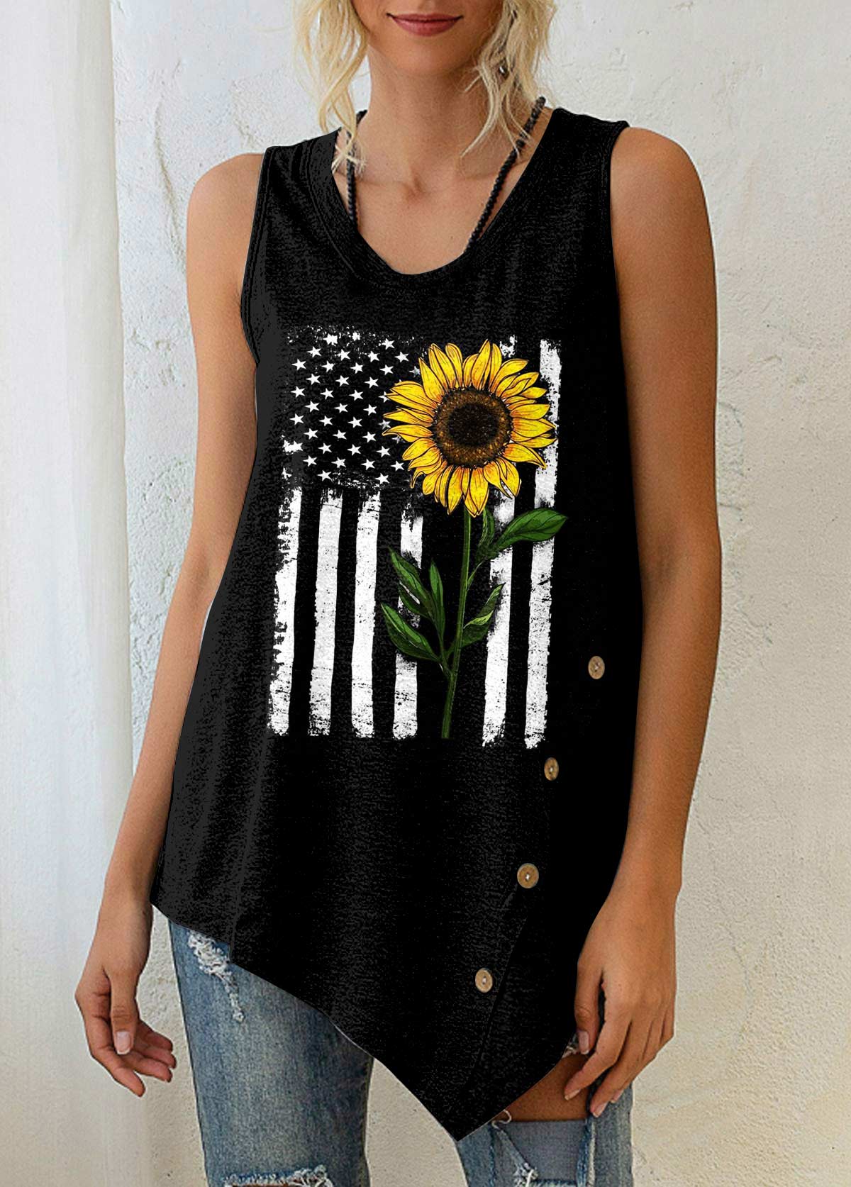 ROTITA Sunflower and American Flag Print Black Tank Top