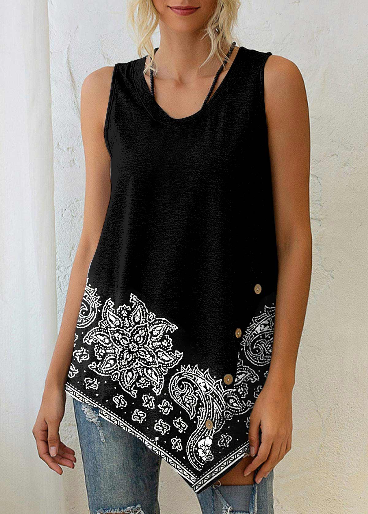 ROTITA Black Paisley Print Asymmetric Hem Tank Top