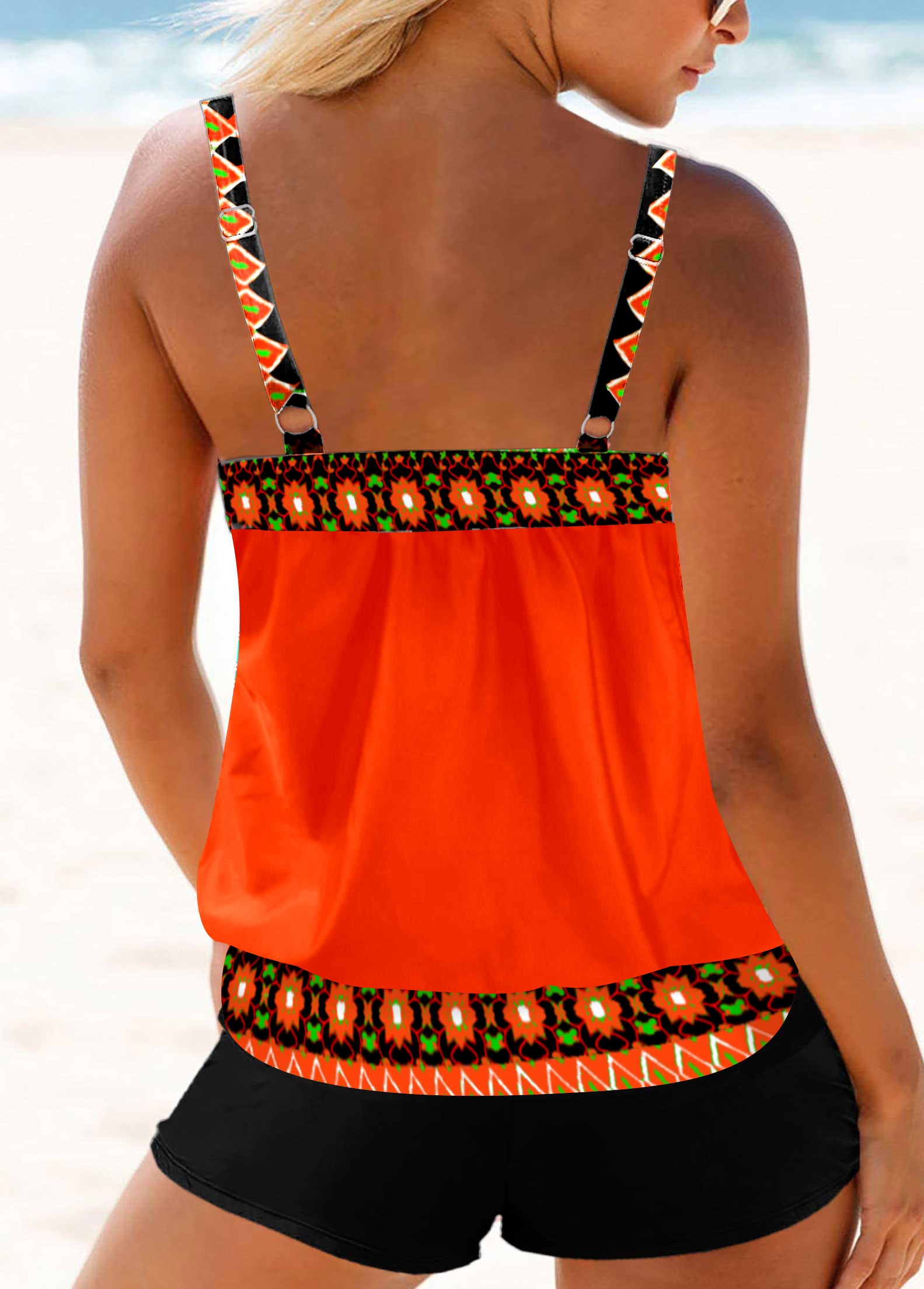 Orange swimwear,Tribal swimwear,ROTITA Bowknot Side Tribal Print Orange Tankini Top