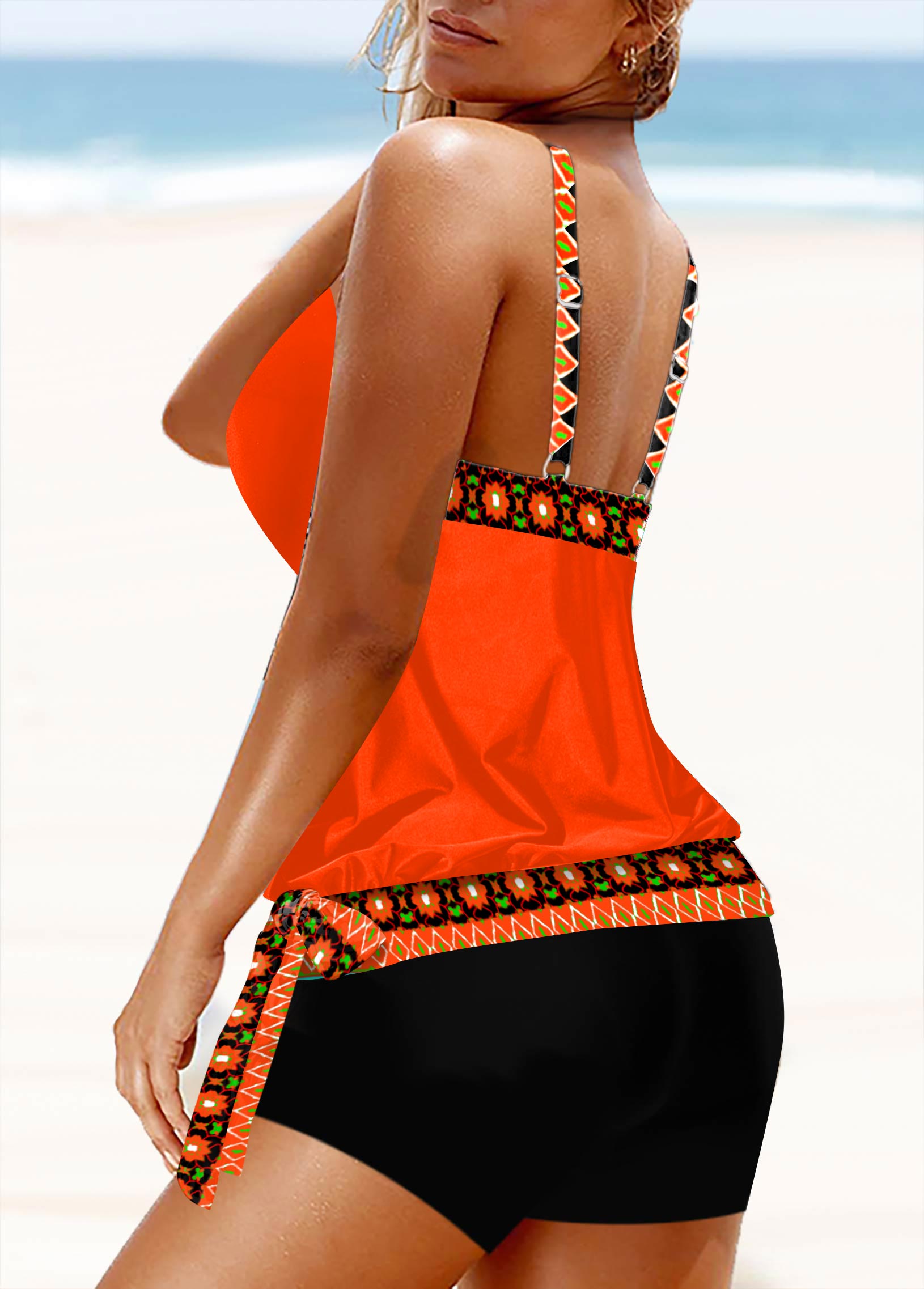 Orange swimwear,Tribal swimwear,ROTITA Bowknot Side Tribal Print Orange Tankini Top