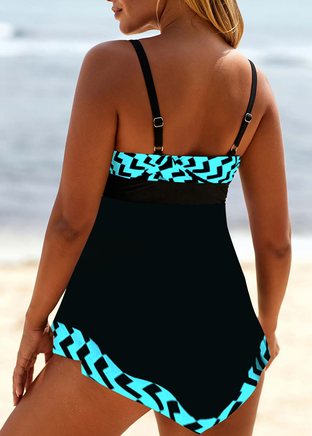 Cyan swimwear,Geometric swimwear,ROTITA Cyan Geometric Print Lace Up Swimdress Top