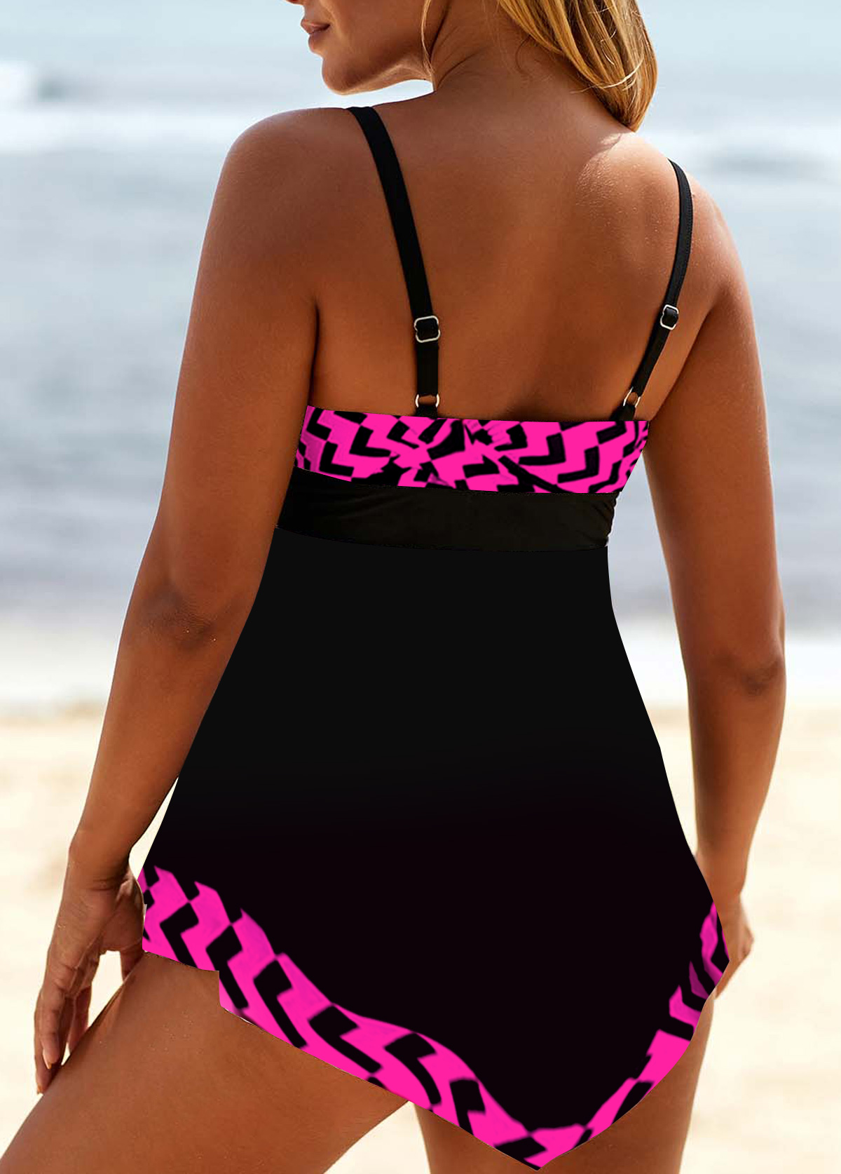 Hot Pink swimwear,Geometric swimwear,ROTITA Geometric Print Lace Up Rose Red Swimdress Top