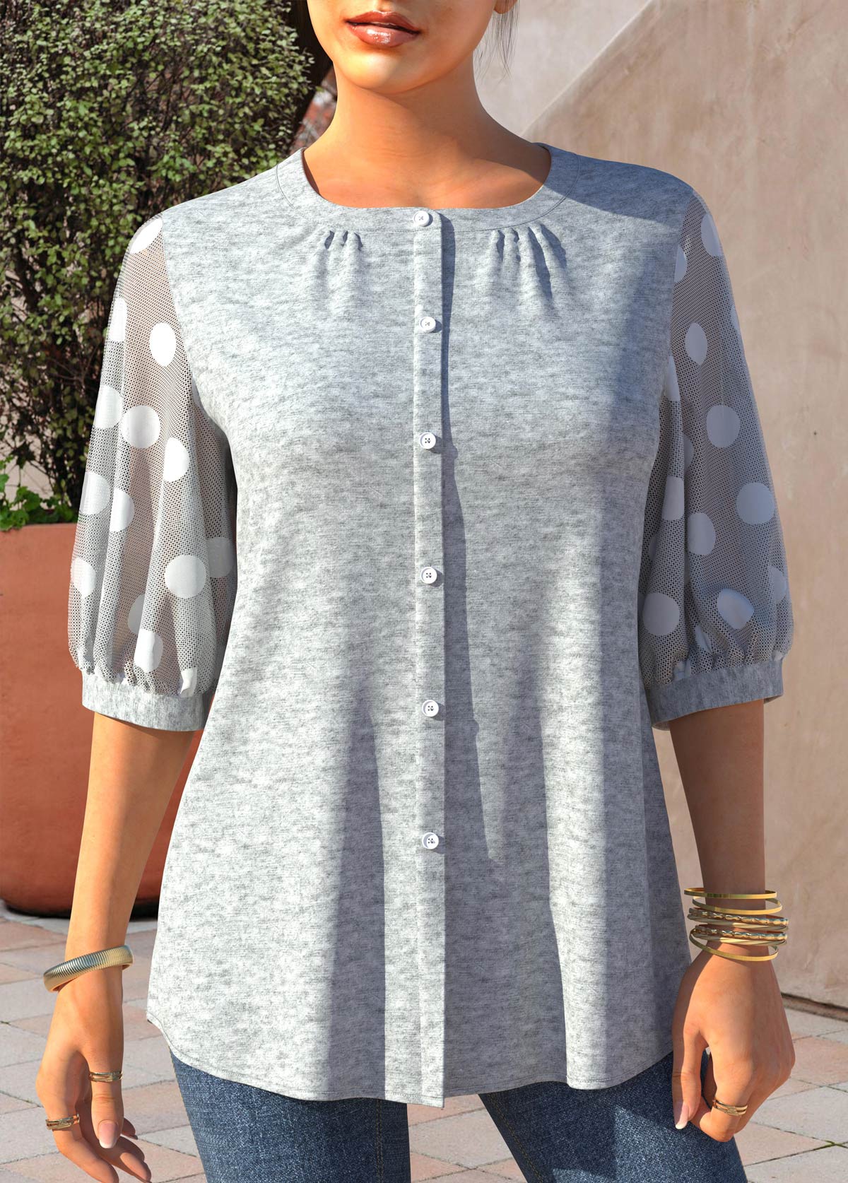 Light Grey Marl tops,Dot tops,ROTITA Polka Dot Grey Marl Fabric Splicing Blouse