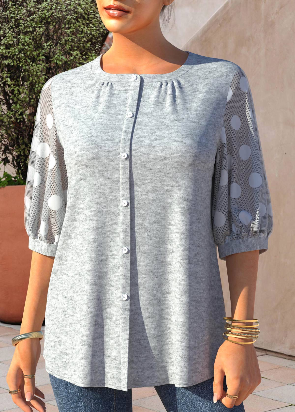 Light Grey Marl tops,Dot tops,ROTITA Polka Dot Grey Marl Fabric Splicing Blouse