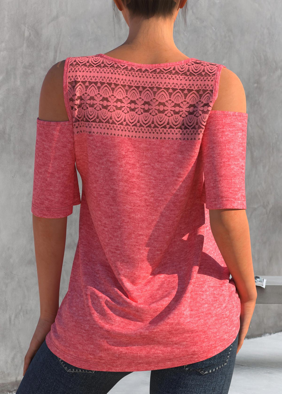 Pink tops,Plain Color tops,ROTITA Lace Stitching Cold Shoulder Pink T Shirt