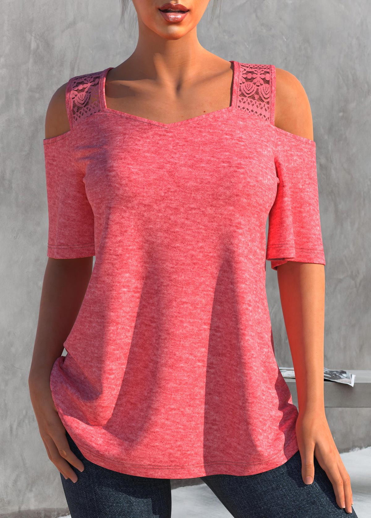 Pink tops,Plain Color tops,ROTITA Lace Stitching Cold Shoulder Pink T Shirt