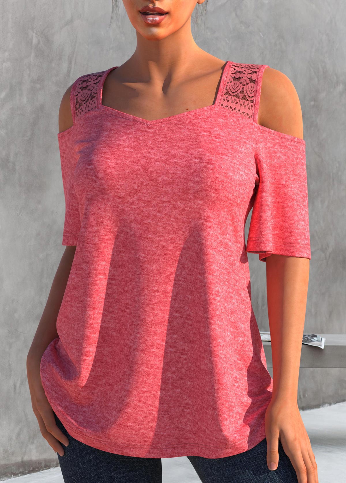 Pink tops,Plain Color tops,ROTITA Lace Stitching Cold Shoulder Pink T Shirt