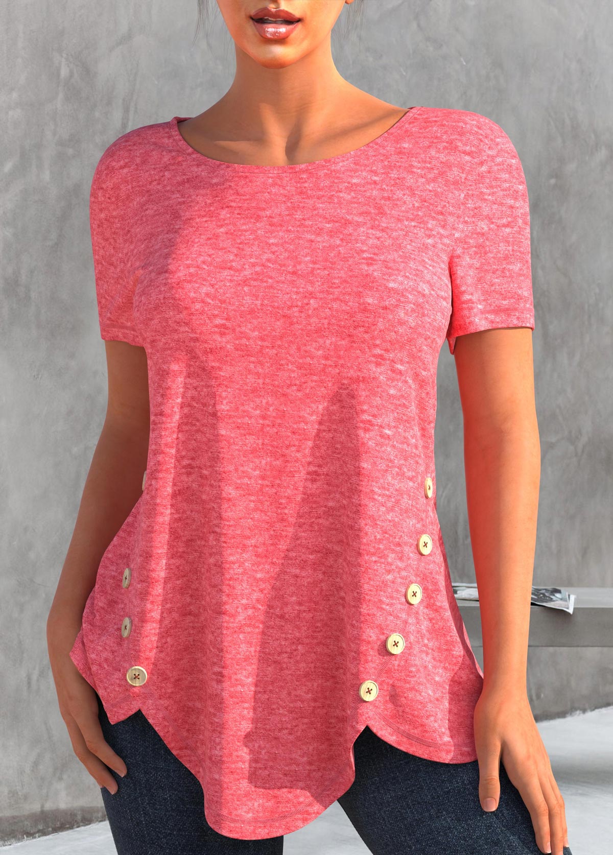 Pink tops,Plain Color tops,ROTITA Decorative Button Pink Round Neck T Shirt