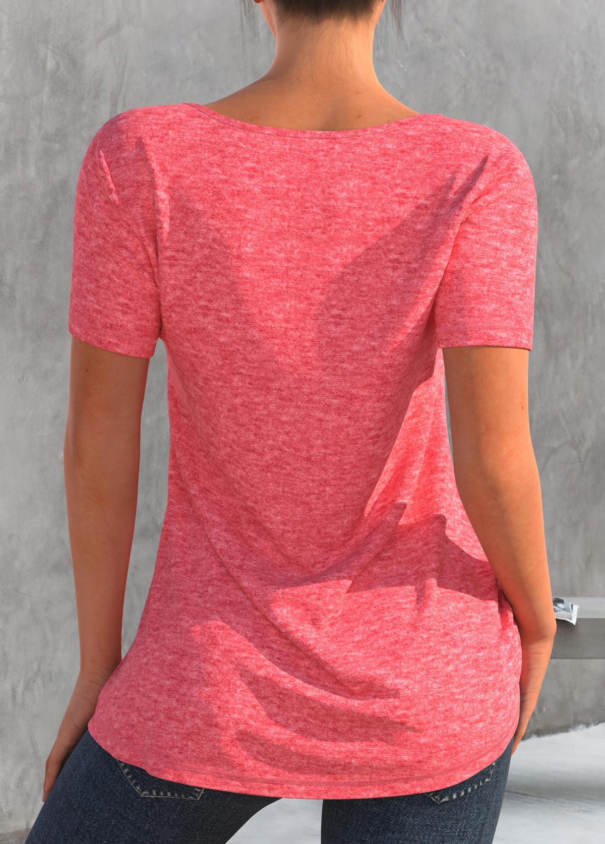 Pink tops,Plain Color tops,ROTITA Decorative Button Pink Round Neck T Shirt