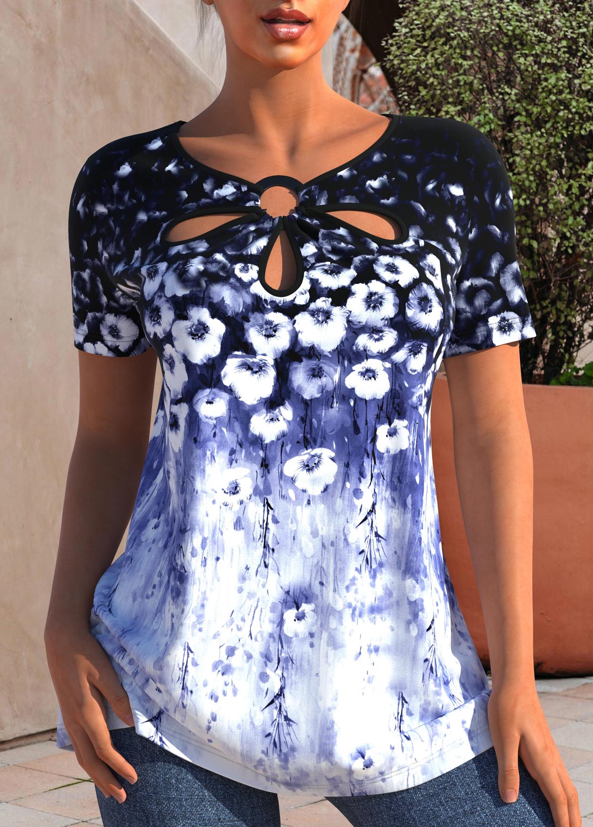 ROTITA Ring Detail Purplish Blue Floral Print T Shirt