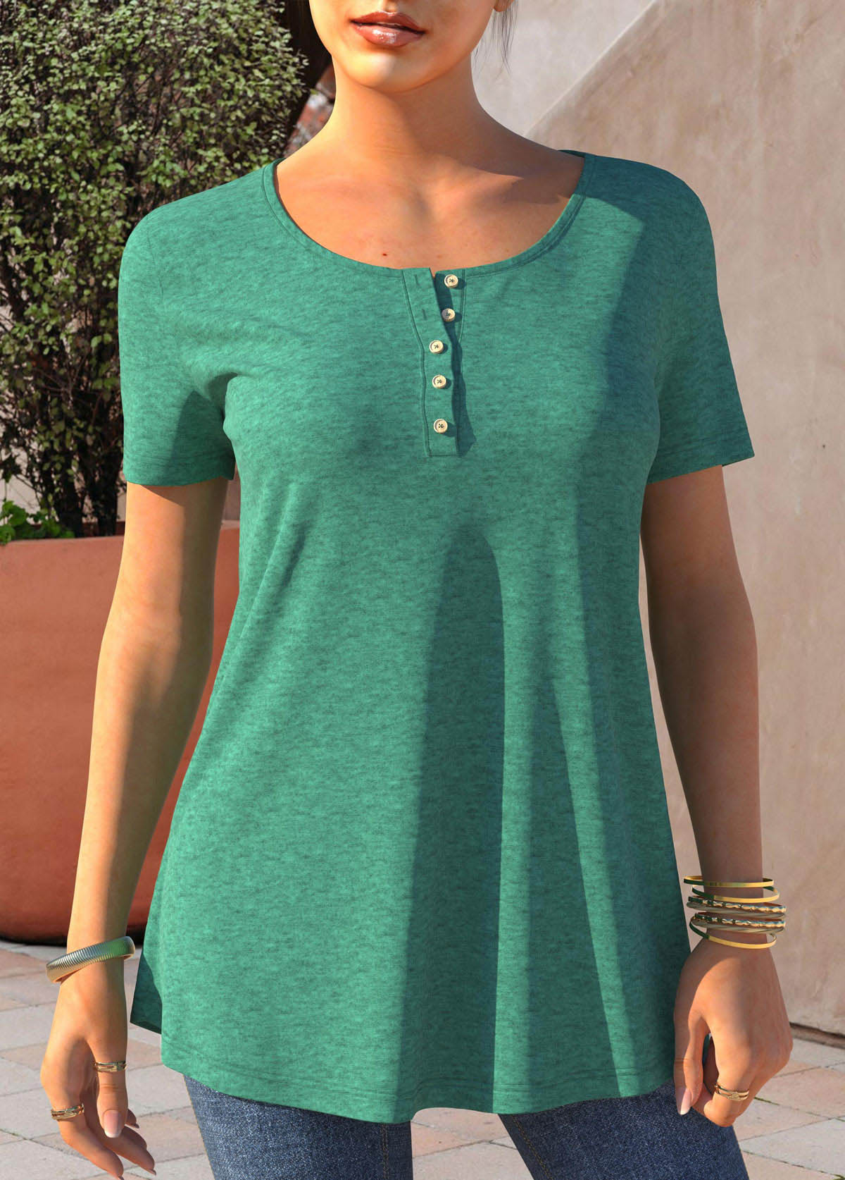 ROTITA Turquoise Button Detail Short Sleeve T Shirt