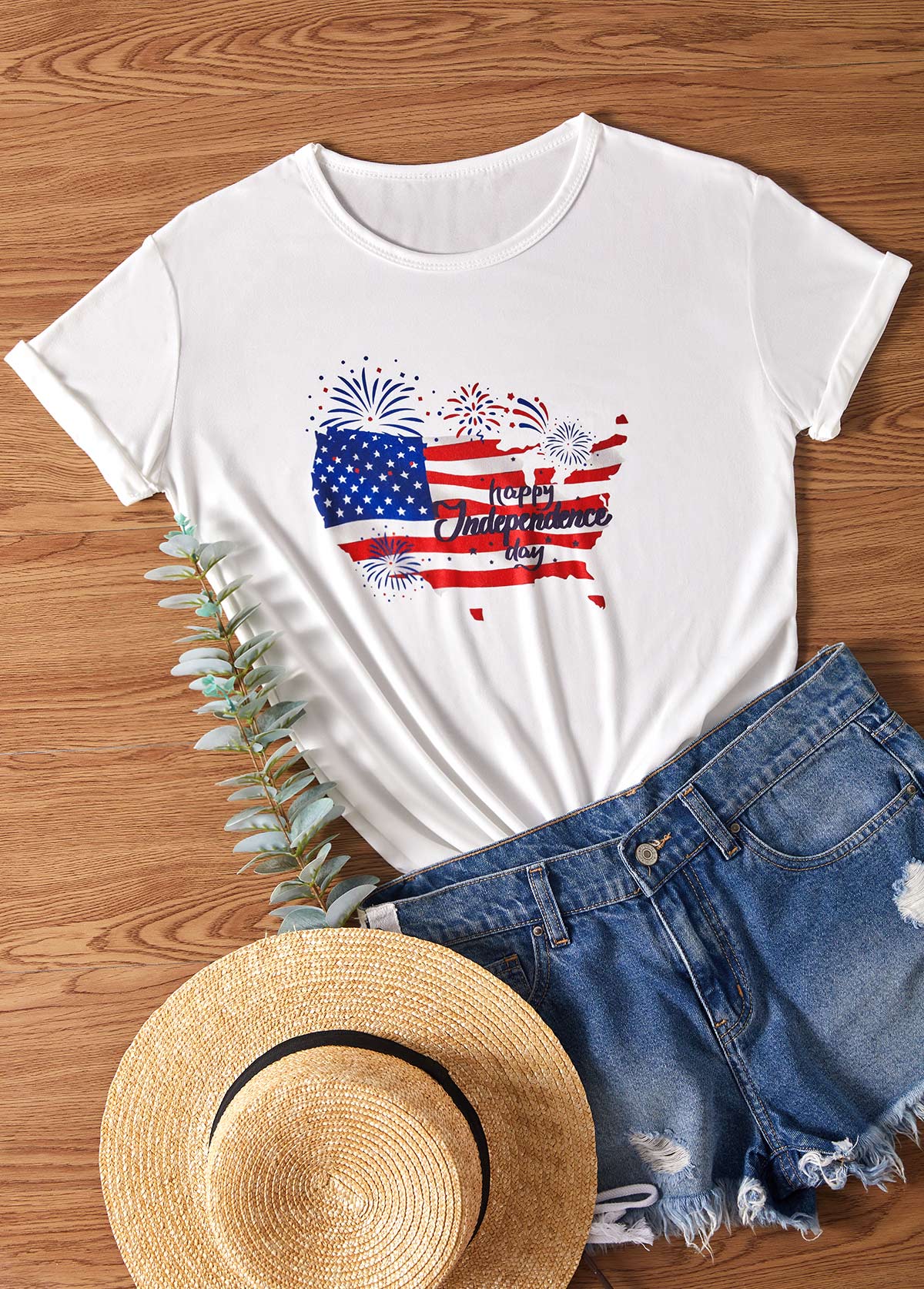 Letter and American Flag Print White T Shirt