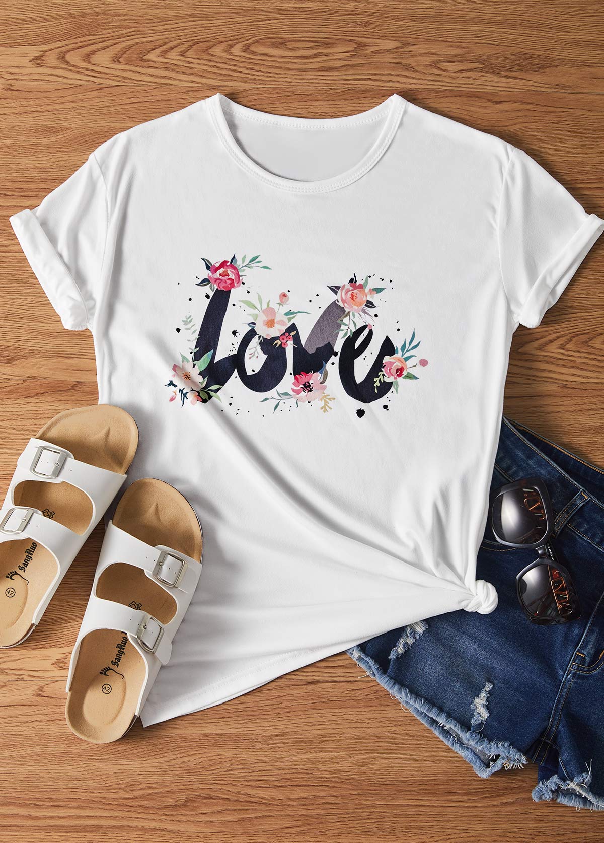 Letter Print Round Neck Short Sleeve White T Shirt
