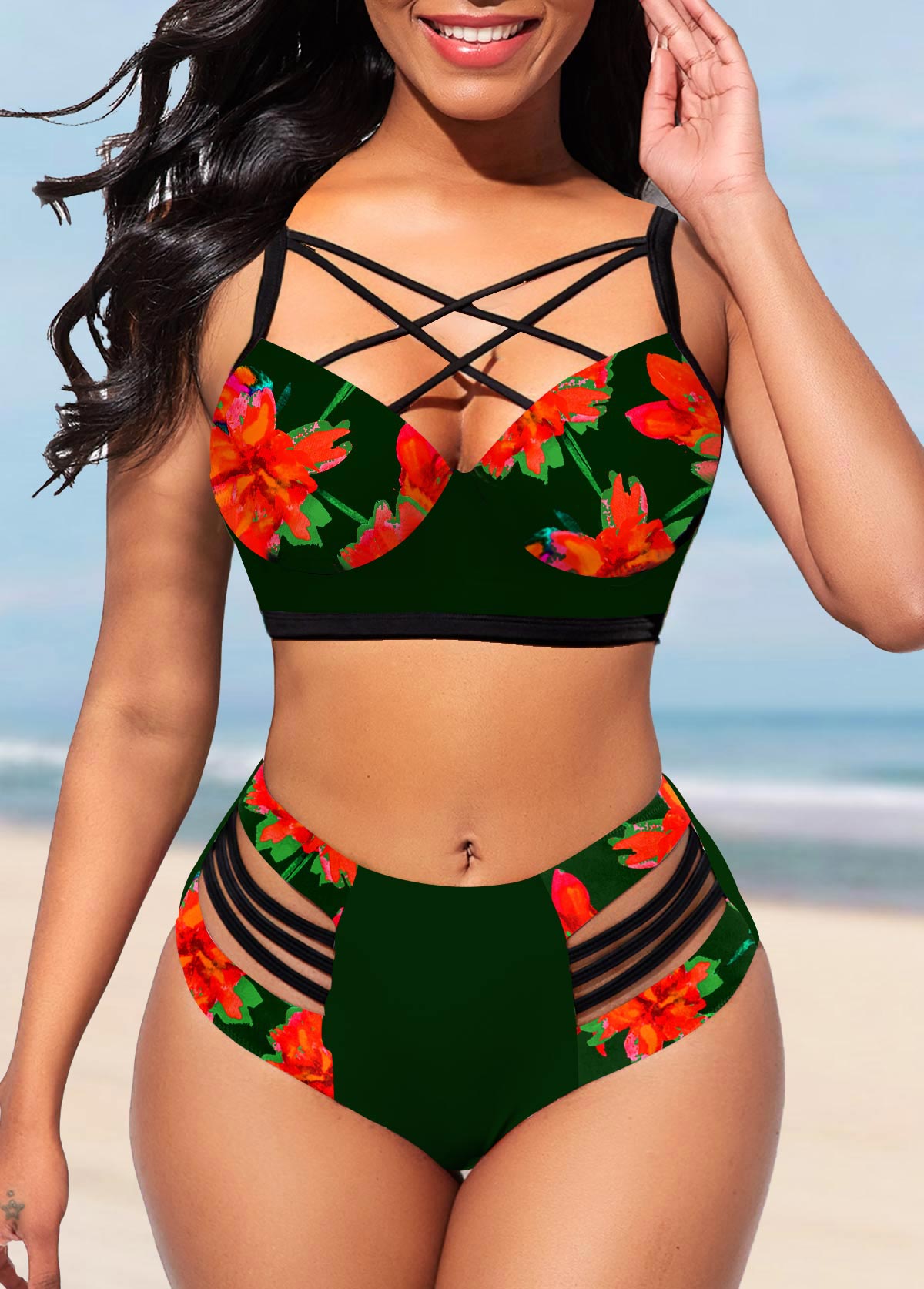 ROTITA Floral Print Cage Neck Black Bikini Set