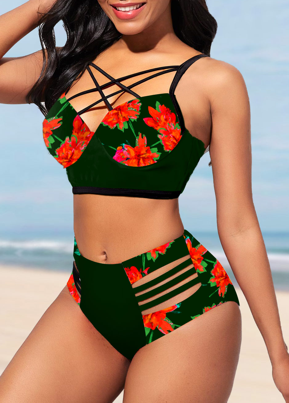 Green swimwear,Floral swimwear,ROTITA Floral Print Cage Neck Black Bikini Set