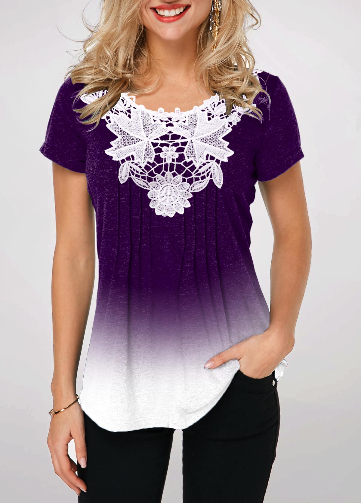 ROTITA Lace Stitching Ombre Purple Crinkle Chest T Shirt