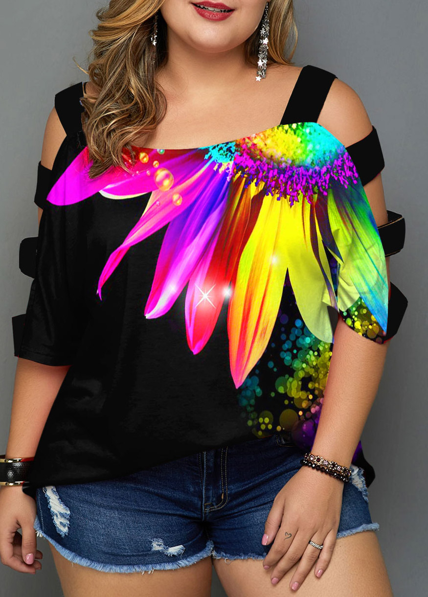 ROTITA Plus Size Floral Print Colorful T Shirt