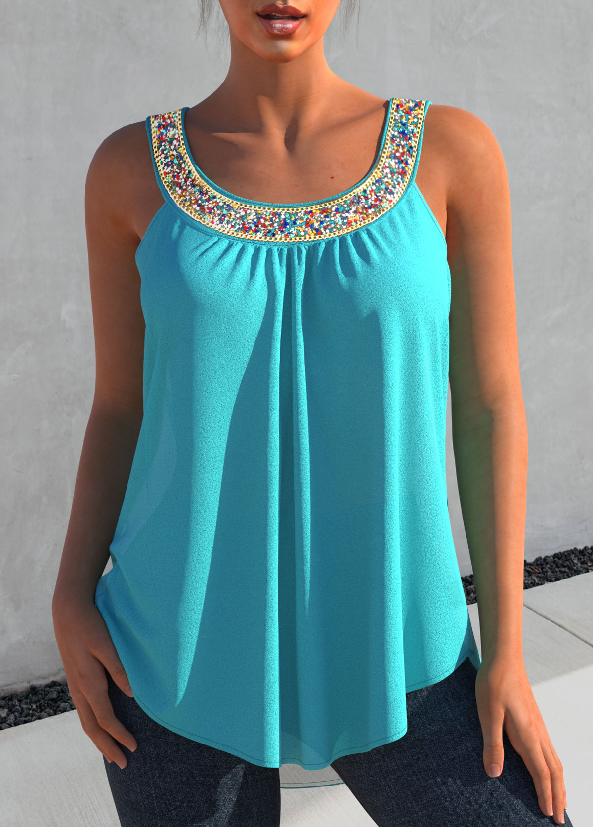 ROTITA Rhinestone Design Cyan Wide Strap Tank Top
