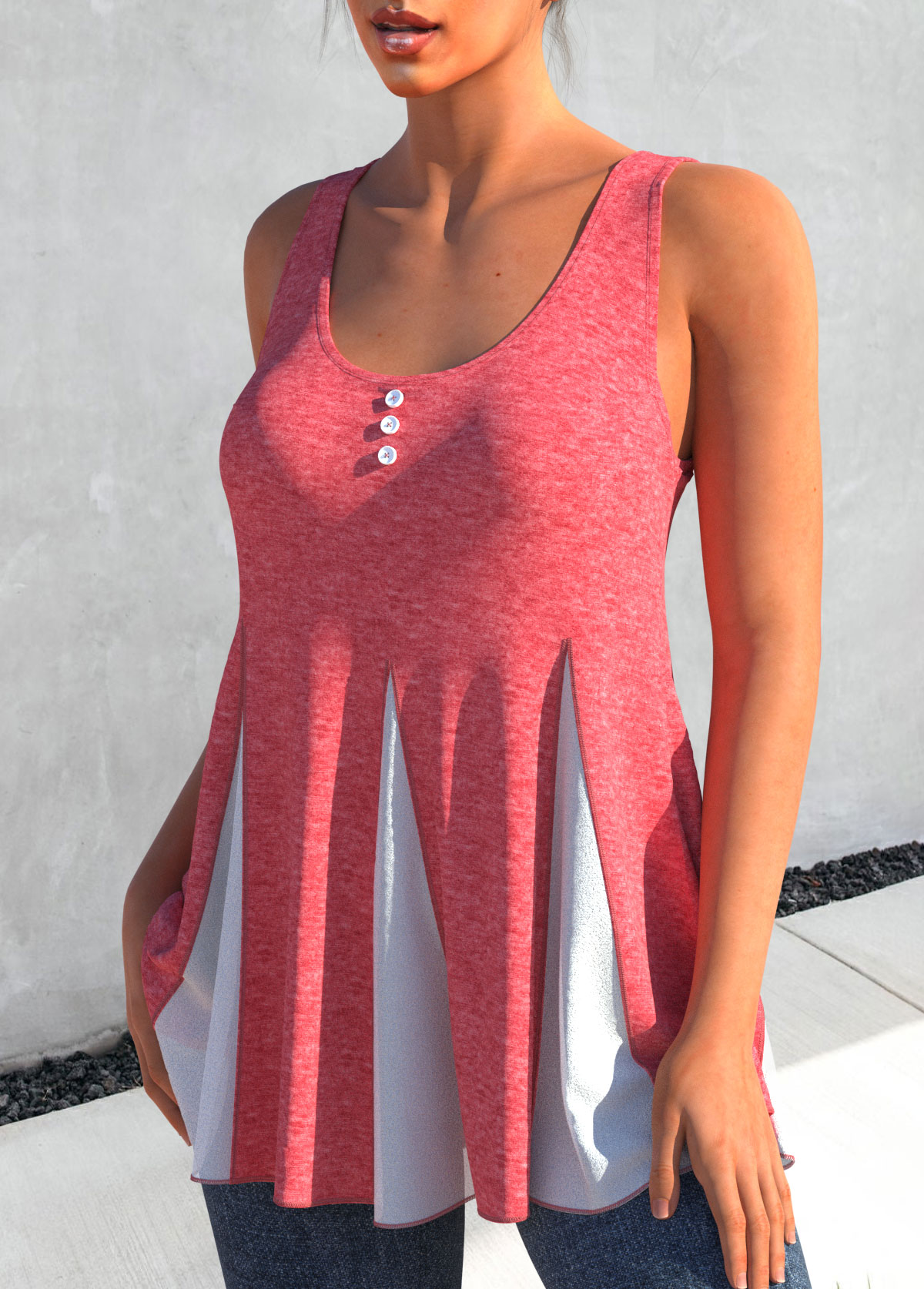Pink tops,Contrast Color tops,ROTITA Decorative Button Contrast Pink Tank Top