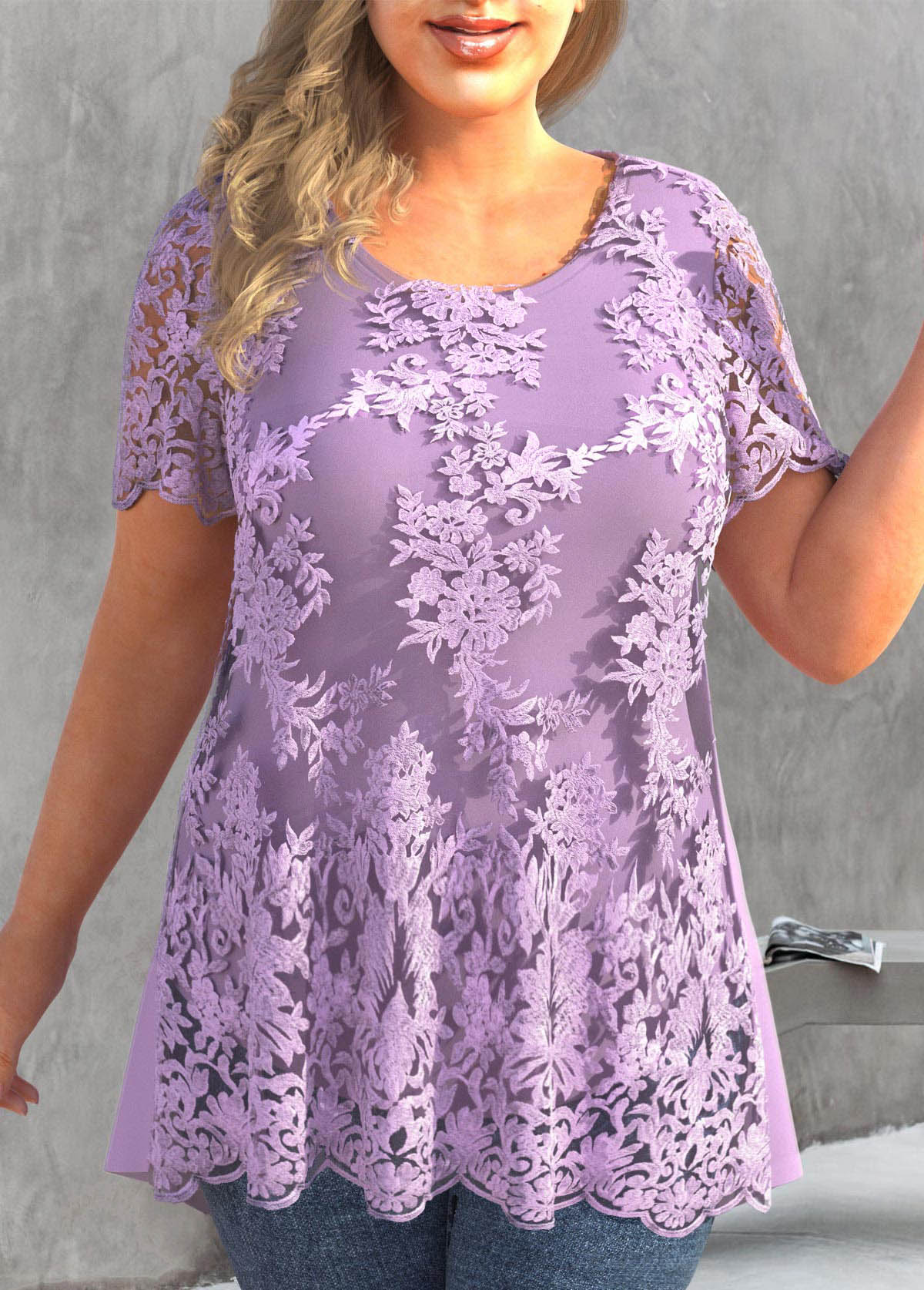 ROTITA Plus Size Embroidered Light Purple T Shirt