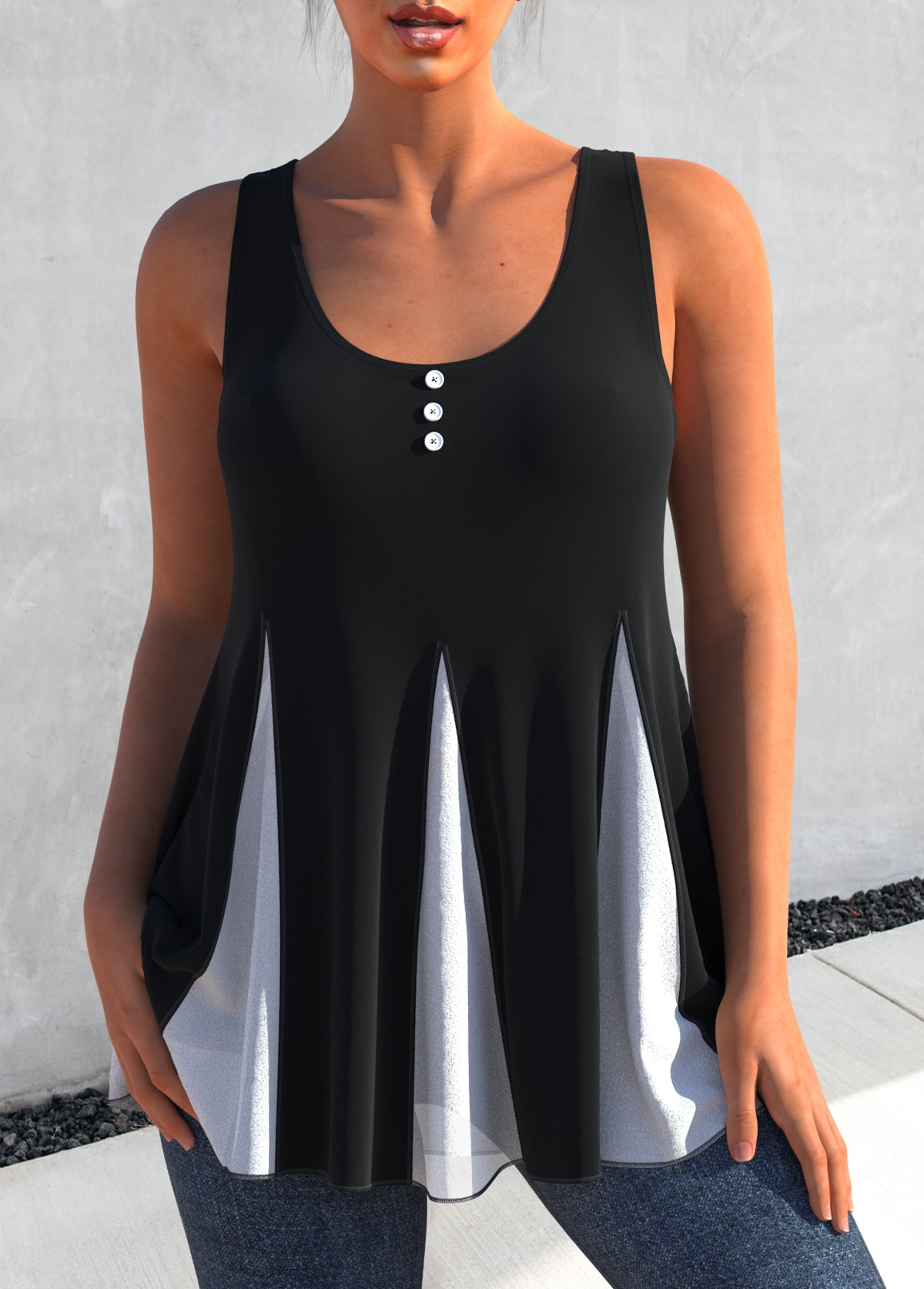 Black tops,Contrast Color tops,ROTITA Decorative Button Contrast Black Tank Top