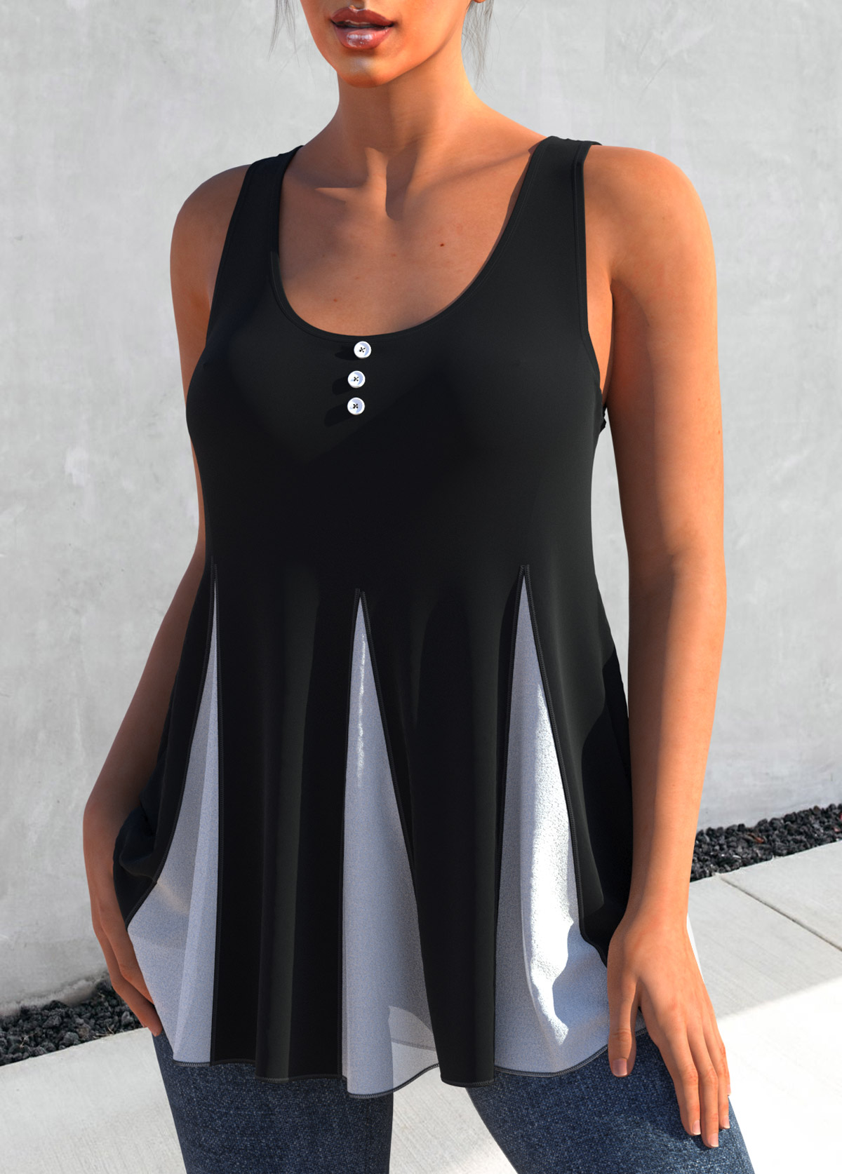 Black tops,Contrast Color tops,ROTITA Decorative Button Contrast Black Tank Top