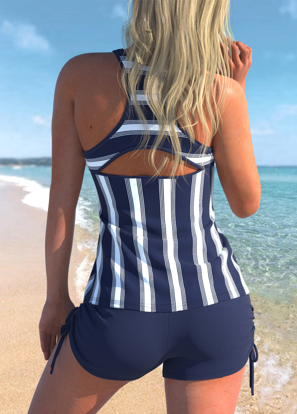 Navy swimwear,Striped swimwear,ROTITA Navy Blue Striped Wide Strap Tankini Set