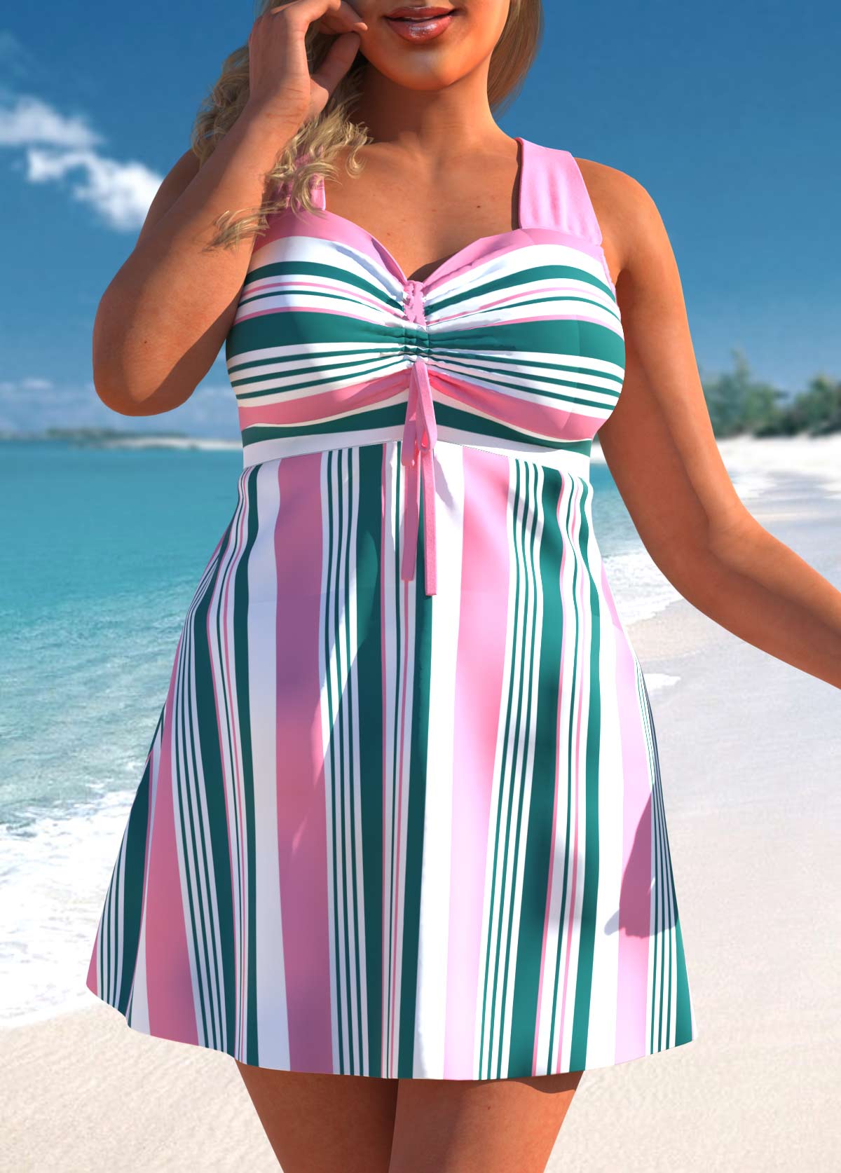 ROTITA Plus Size Cross Strap Pink Striped Swimdress and Shorts