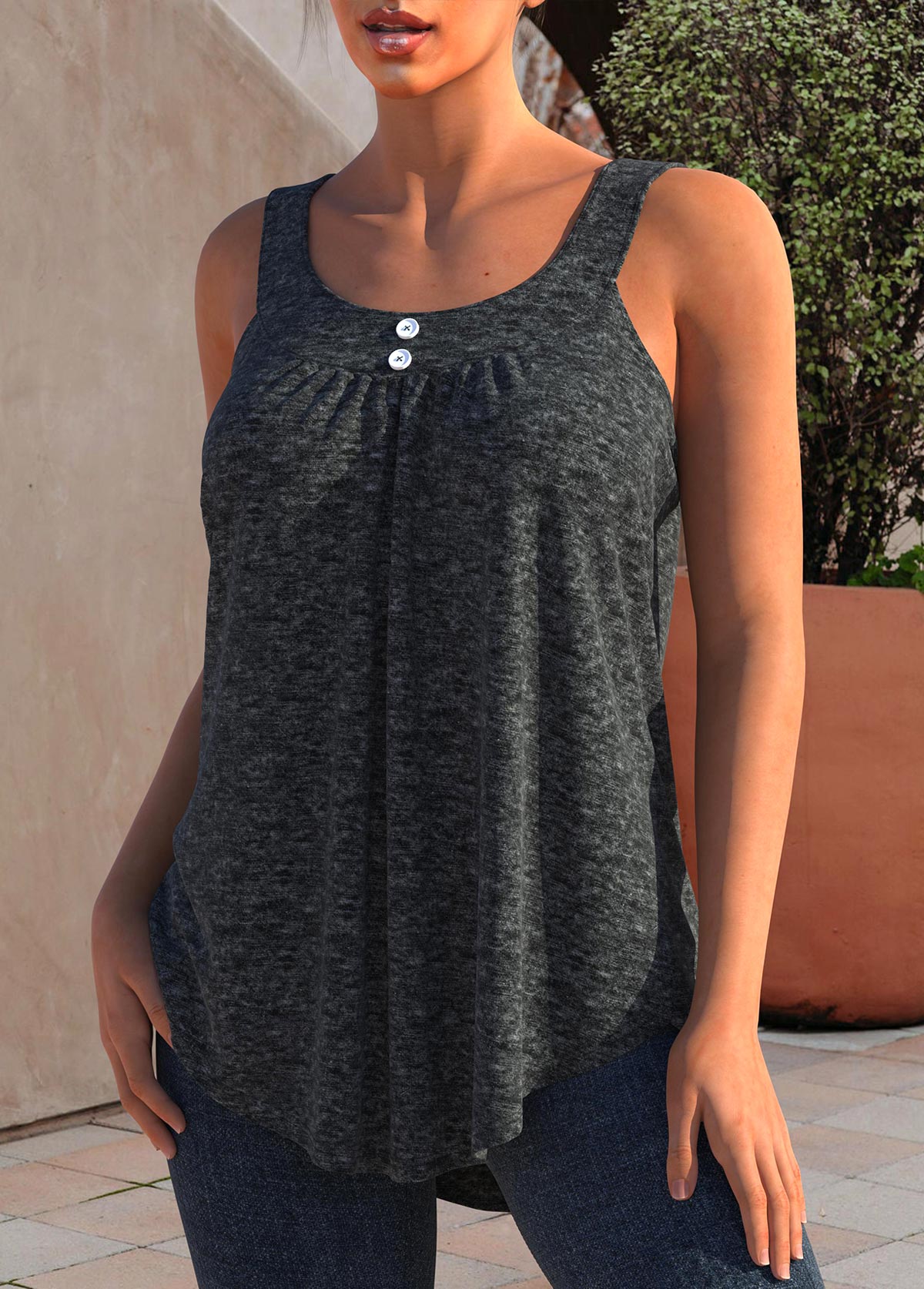 Dark Grey tops,Plain Color tops,ROTITA Decorative Button Dark Grey Wide Strap Tank Top